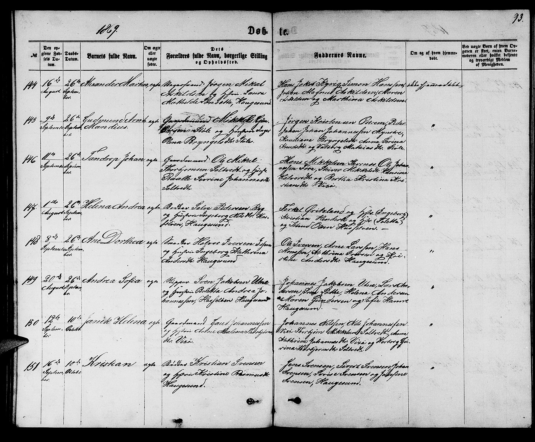 Torvastad sokneprestkontor, SAST/A -101857/H/Ha/Hab/L0007: Parish register (copy) no. B 7, 1866-1873, p. 93