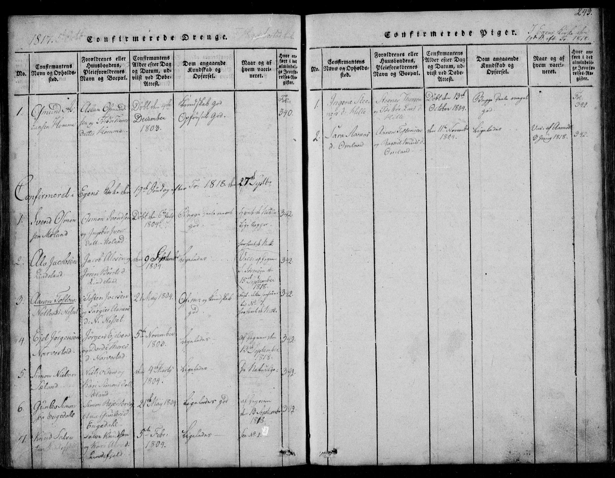 Fjotland sokneprestkontor, AV/SAK-1111-0010/F/Fb/L0001: Parish register (copy) no. B 1, 1816-1849, p. 243