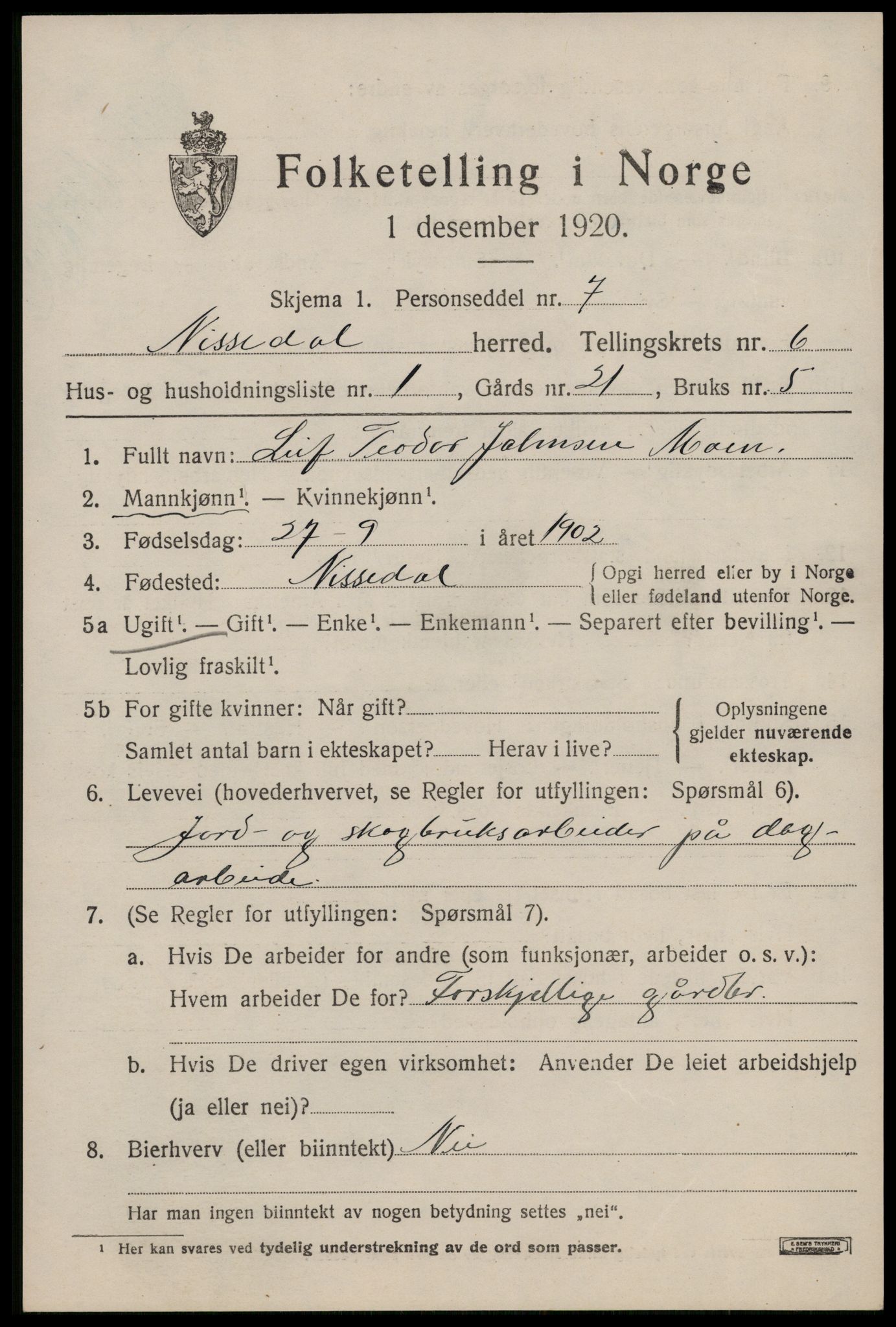 SAKO, 1920 census for Nissedal, 1920, p. 2283