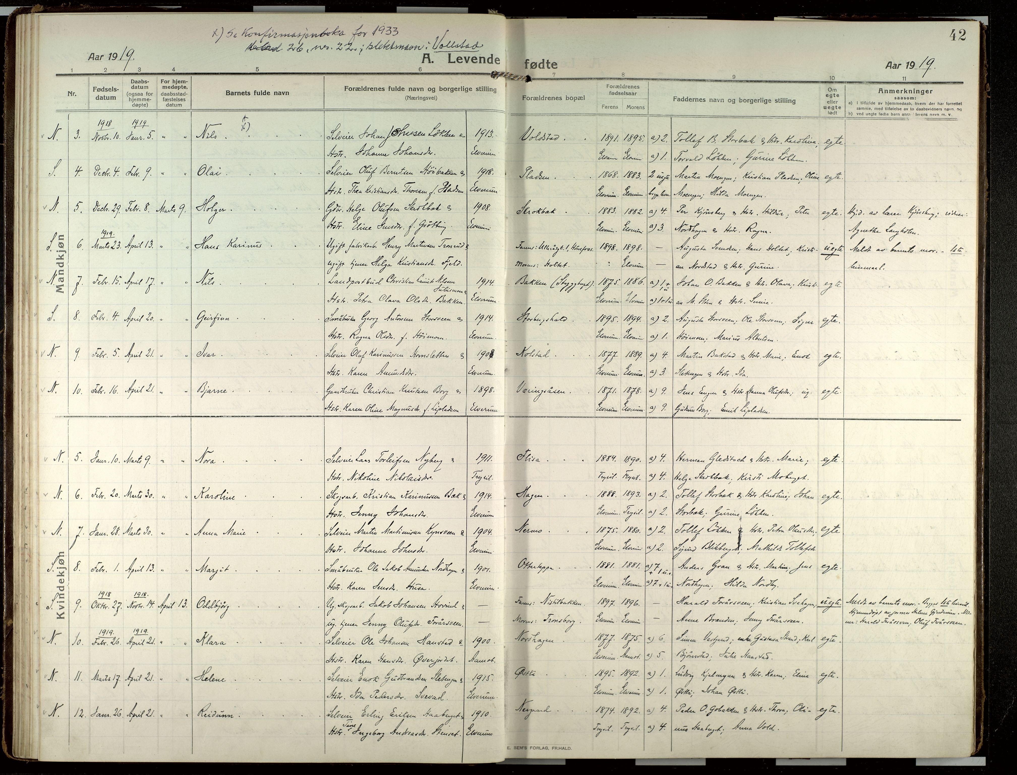 Elverum prestekontor, AV/SAH-PREST-044/H/Ha/Haa/L0022: Parish register (official) no. 22, 1913-1924, p. 42