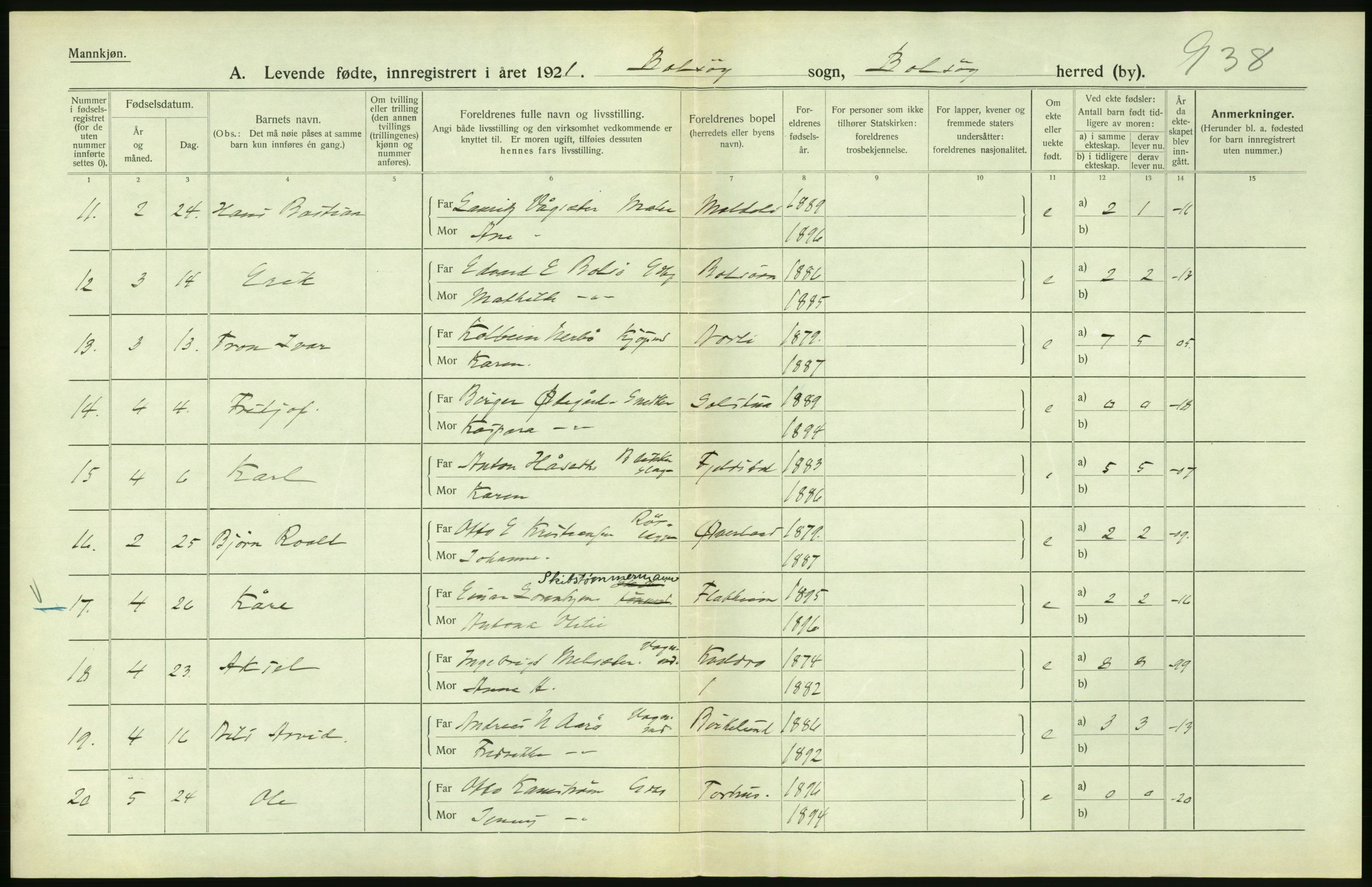 Statistisk sentralbyrå, Sosiodemografiske emner, Befolkning, AV/RA-S-2228/D/Df/Dfc/Dfca/L0040: Møre fylke: Levendefødte menn og kvinner. Bygder., 1921, p. 380