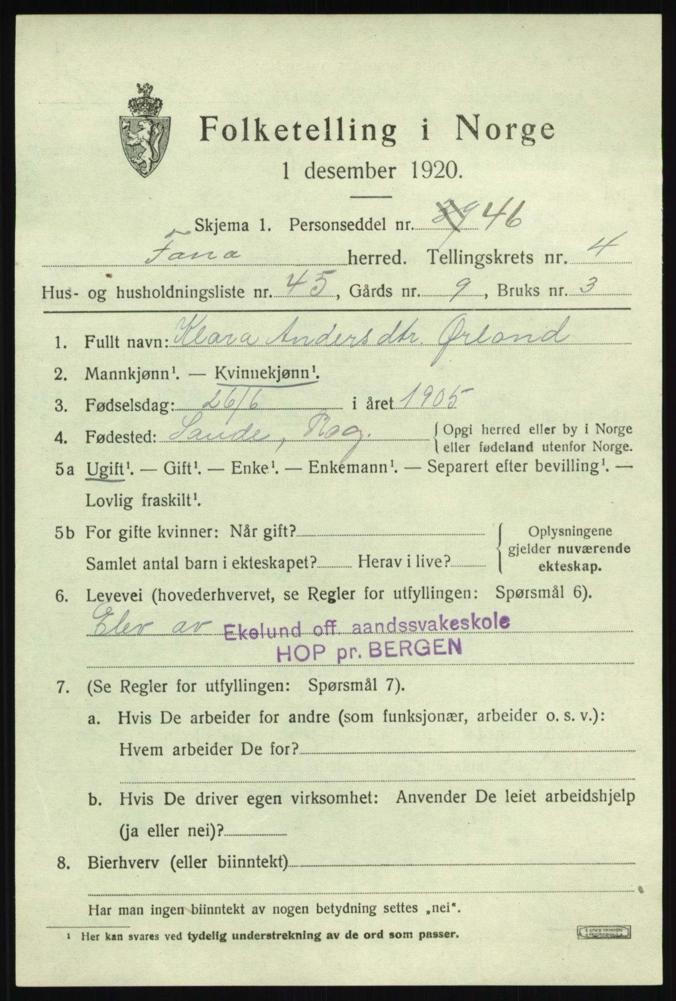 SAB, 1920 census for Fana, 1920, p. 6279