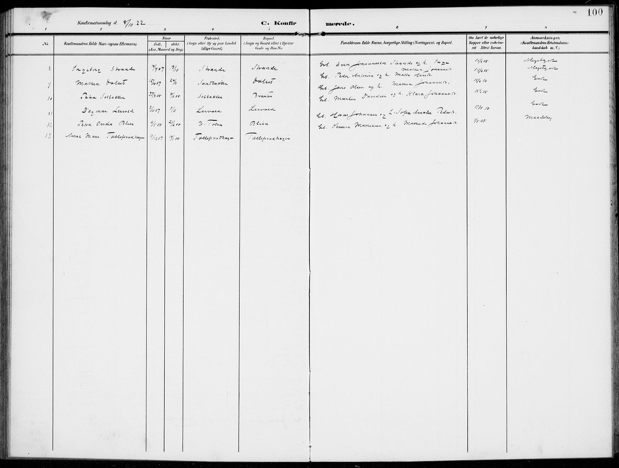 Kolbu prestekontor, SAH/PREST-110/H/Ha/Haa/L0001: Parish register (official) no. 1, 1907-1923, p. 100