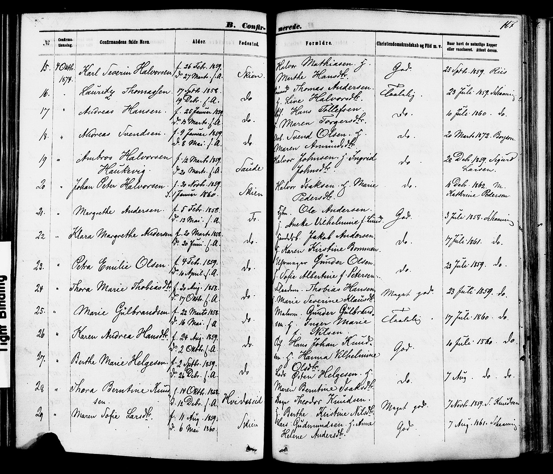Skien kirkebøker, SAKO/A-302/F/Fa/L0008: Parish register (official) no. 8, 1866-1877, p. 167