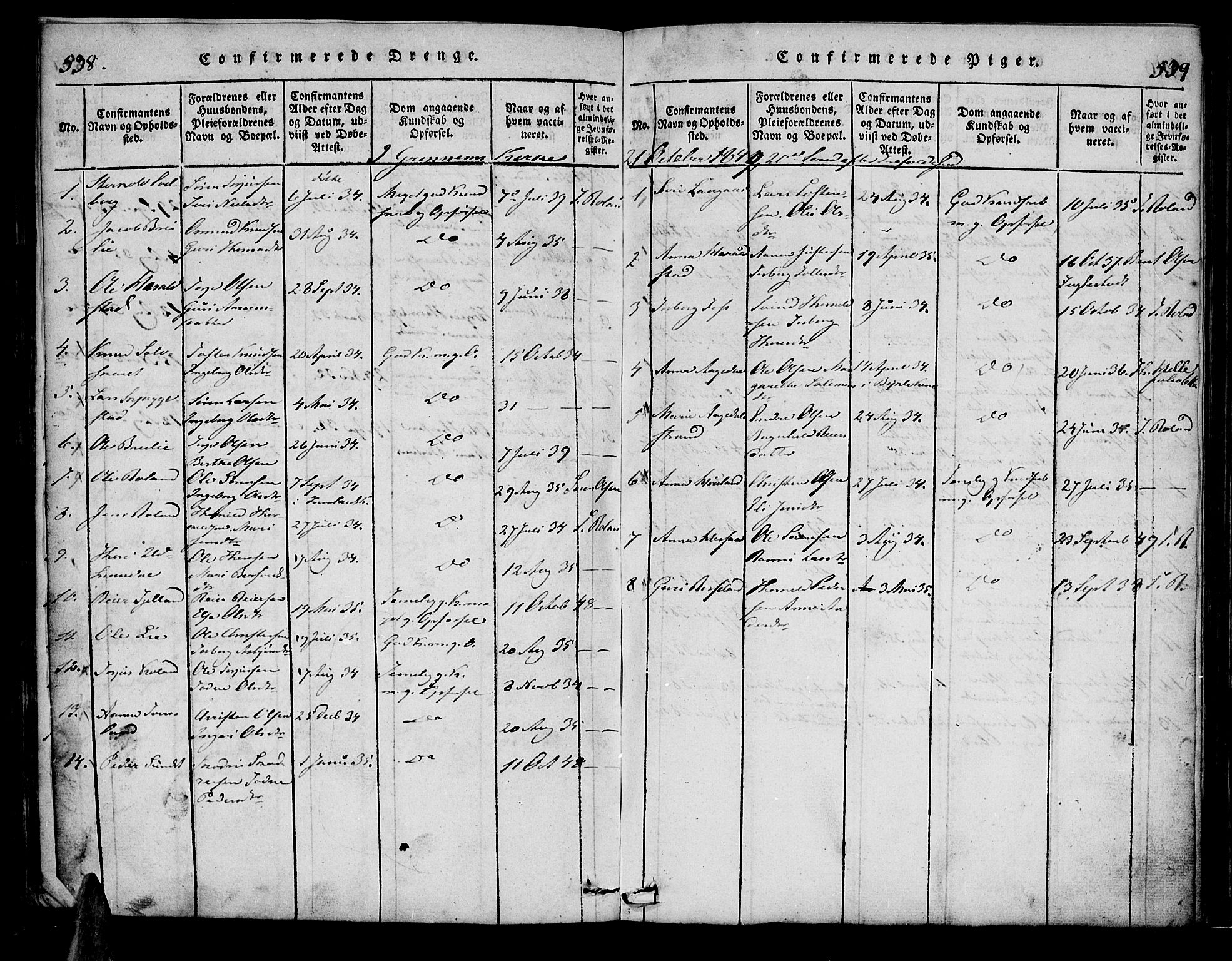 Bjelland sokneprestkontor, SAK/1111-0005/F/Fa/Faa/L0002: Parish register (official) no. A 2, 1816-1866, p. 538-539