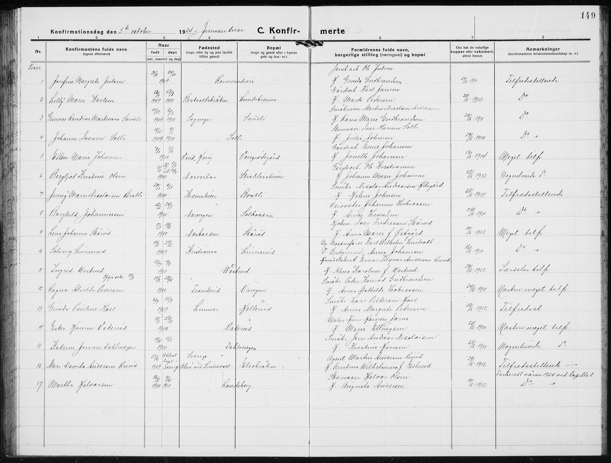 Jevnaker prestekontor, SAH/PREST-116/H/Ha/Hab/L0005: Parish register (copy) no. 5, 1919-1934, p. 149