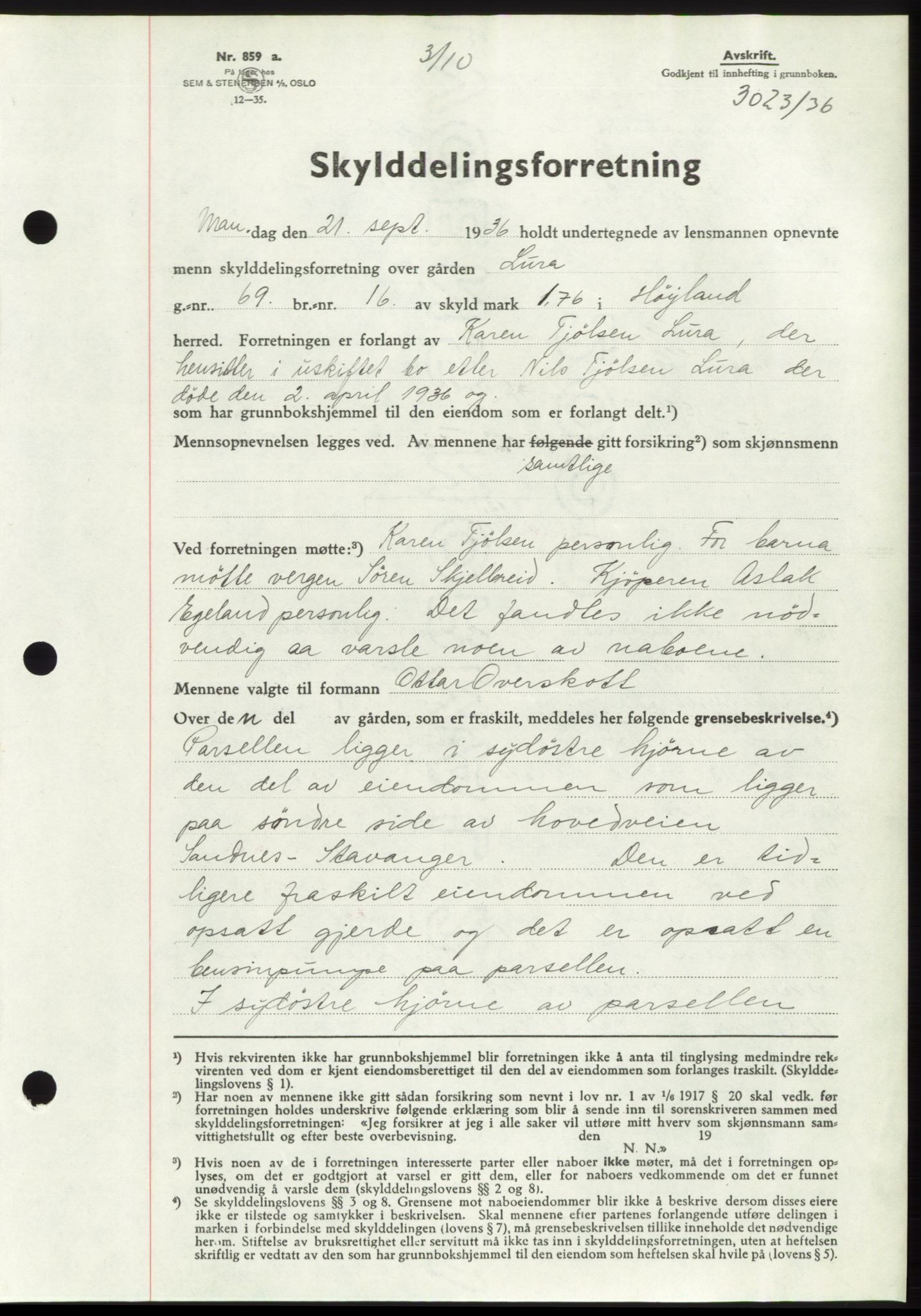 Jæren sorenskriveri, AV/SAST-A-100310/03/G/Gba/L0066: Mortgage book no. 71-72, 1936-1936, Diary no: : 3023/1936