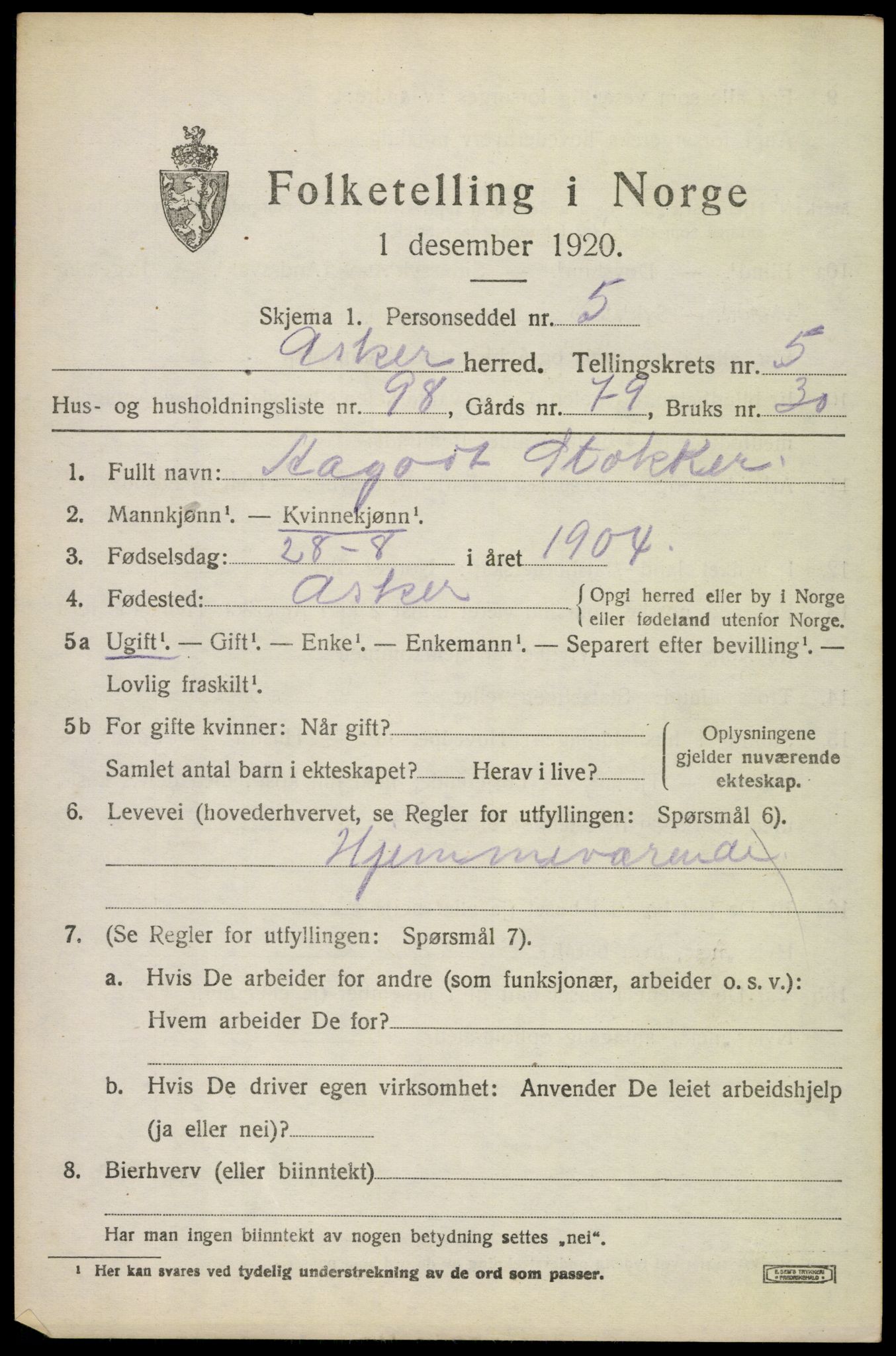 SAO, 1920 census for Asker, 1920, p. 13942