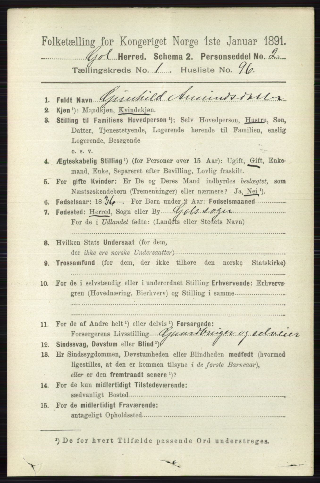 RA, 1891 census for 0617 Gol og Hemsedal, 1891, p. 619