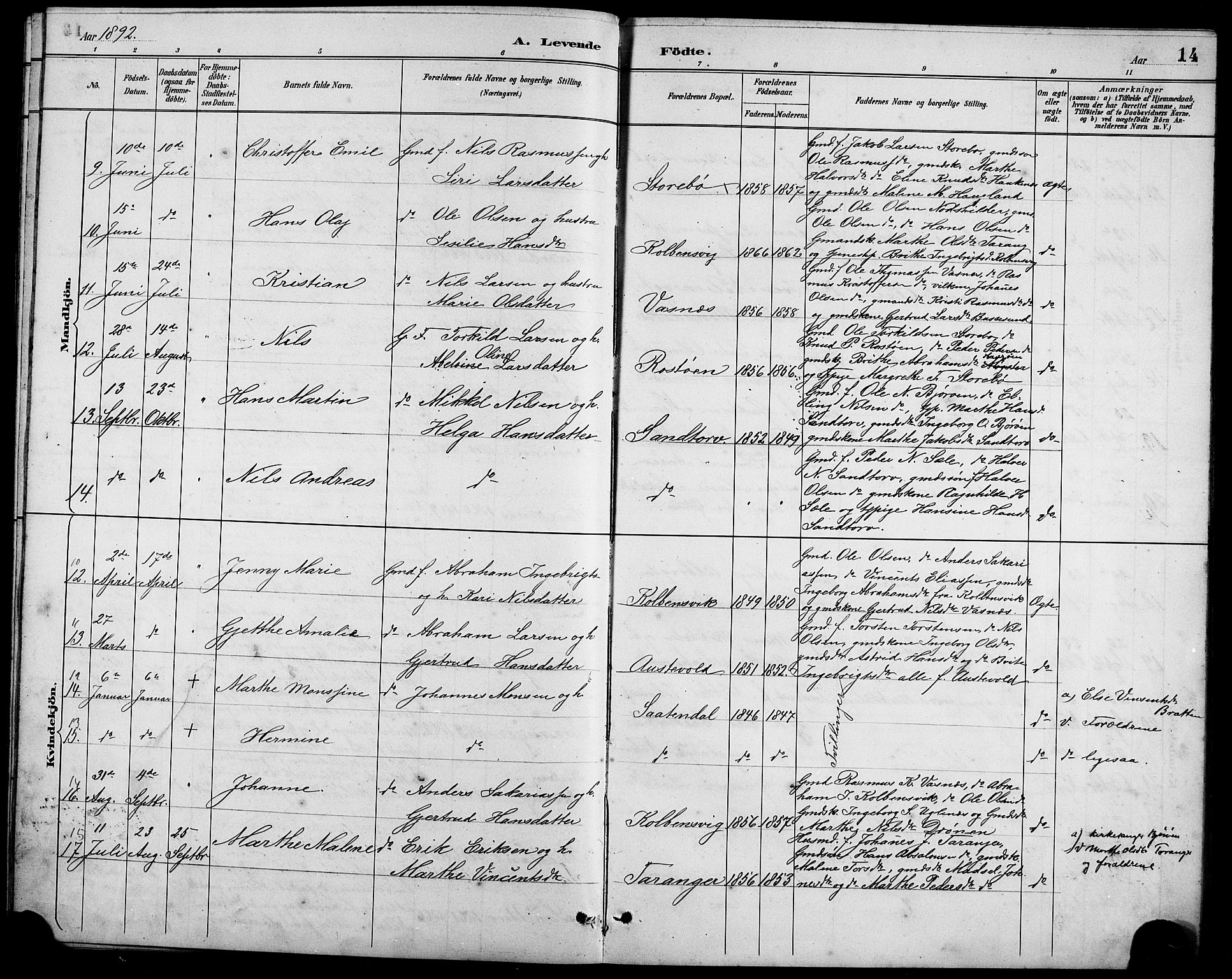 Austevoll sokneprestembete, AV/SAB-A-74201/H/Ha/Hab/Haba/L0003: Parish register (copy) no. A 3, 1889-1900, p. 14