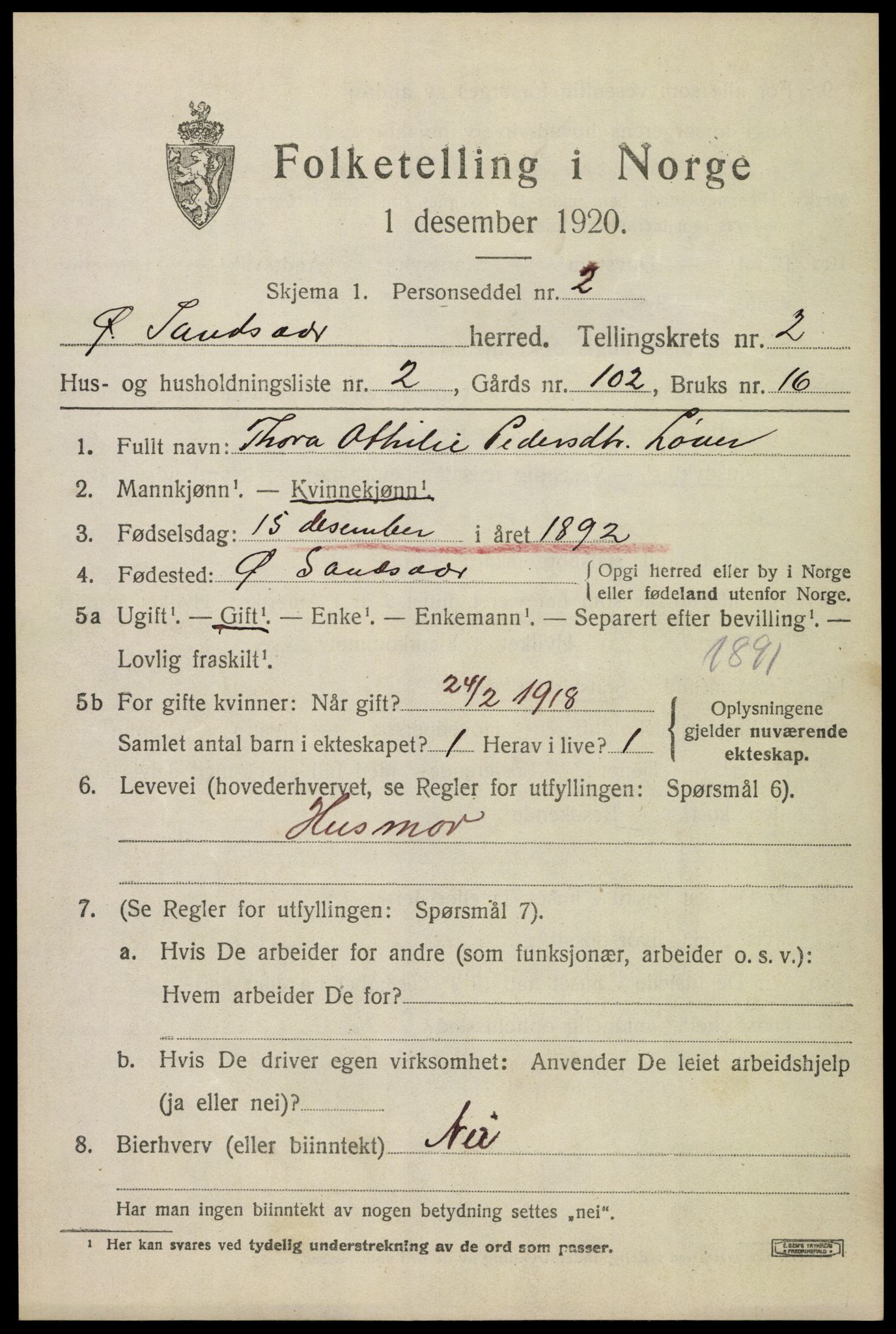 SAKO, 1920 census for Øvre Sandsvær, 1920, p. 1606