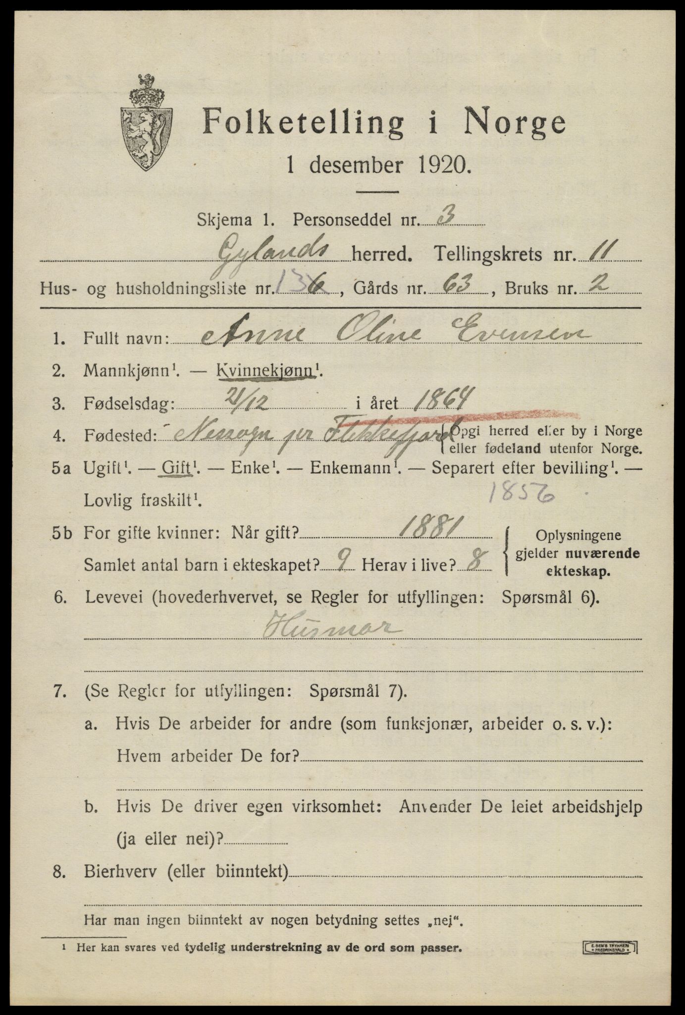 SAK, 1920 census for Gyland, 1920, p. 2416
