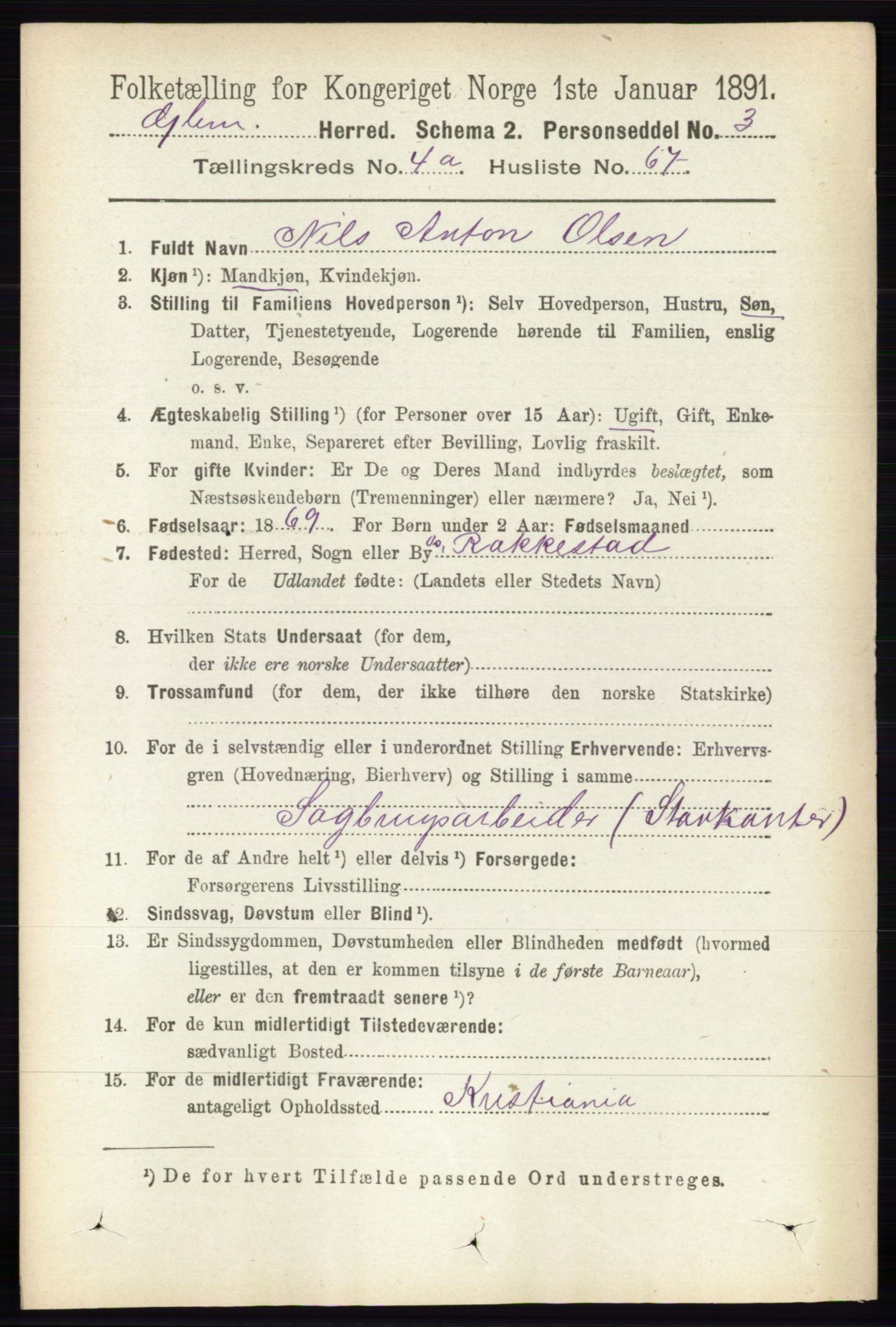 RA, 1891 census for 0132 Glemmen, 1891, p. 4160