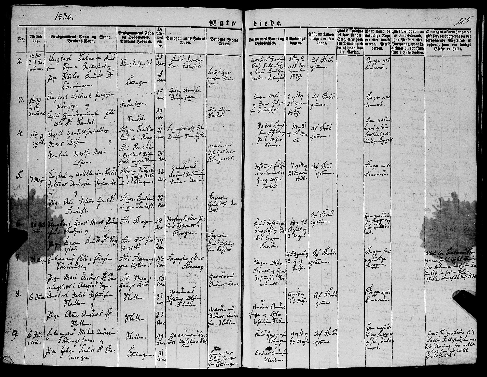 Fana Sokneprestembete, SAB/A-75101/H/Haa/Haaa/L0008: Parish register (official) no. A 8, 1829-1851, p. 205