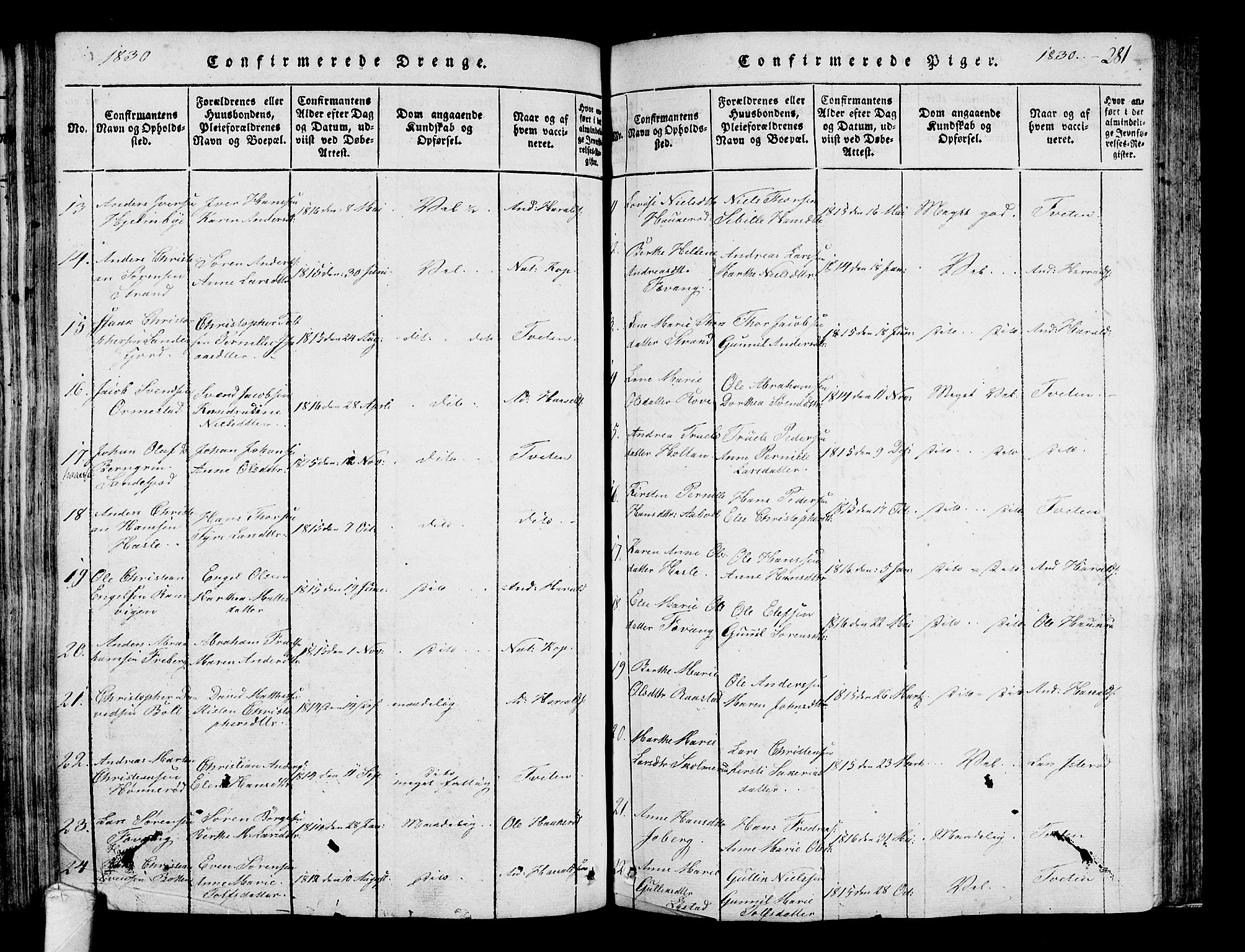 Sandar kirkebøker, AV/SAKO-A-243/F/Fa/L0004: Parish register (official) no. 4, 1814-1832, p. 281