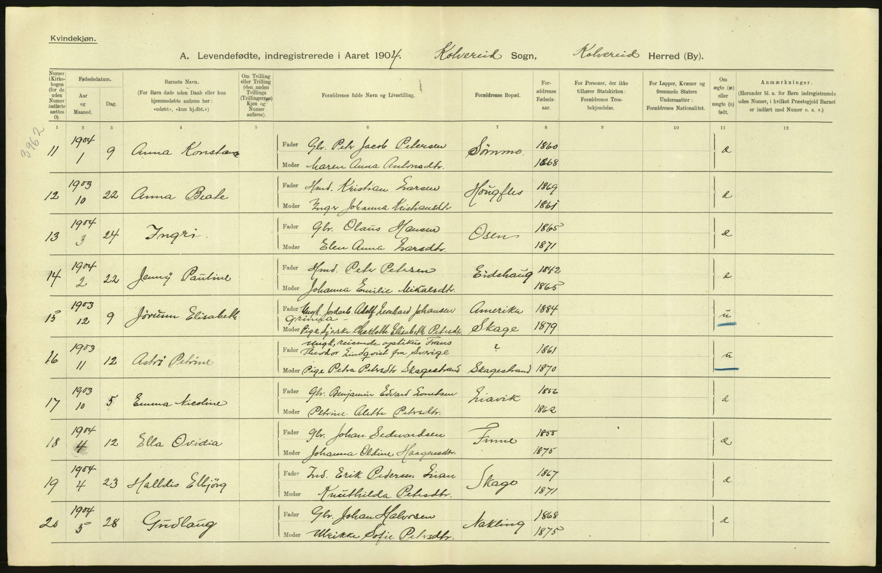 Statistisk sentralbyrå, Sosiodemografiske emner, Befolkning, AV/RA-S-2228/D/Df/Dfa/Dfab/L0019: Nordre Trondhjems amt: Fødte, gifte, døde, 1904, p. 312