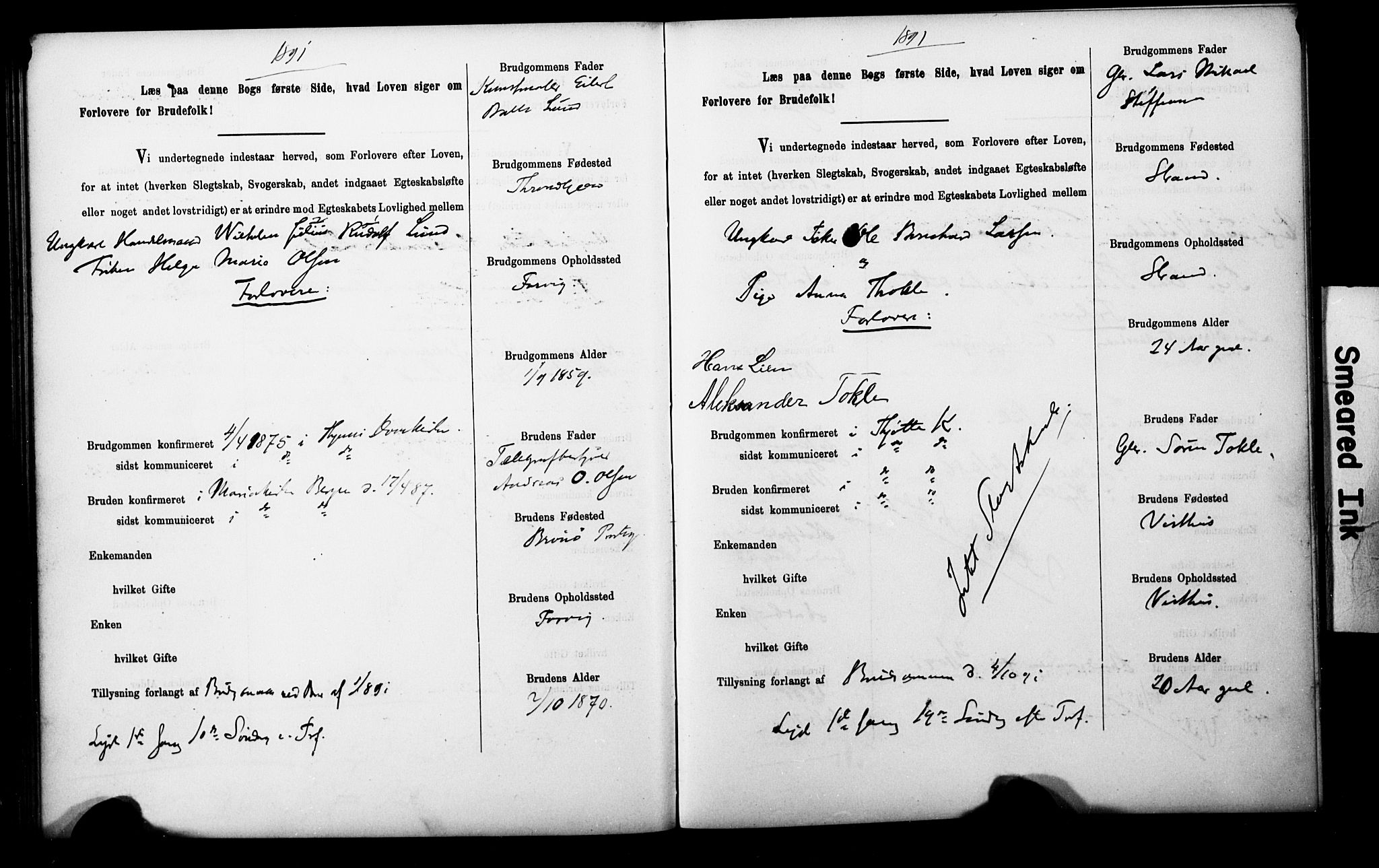 Uten arkivreferanse**, SAT/-: Banns register no. 1 /2 (Trøgstad), 1891-1895