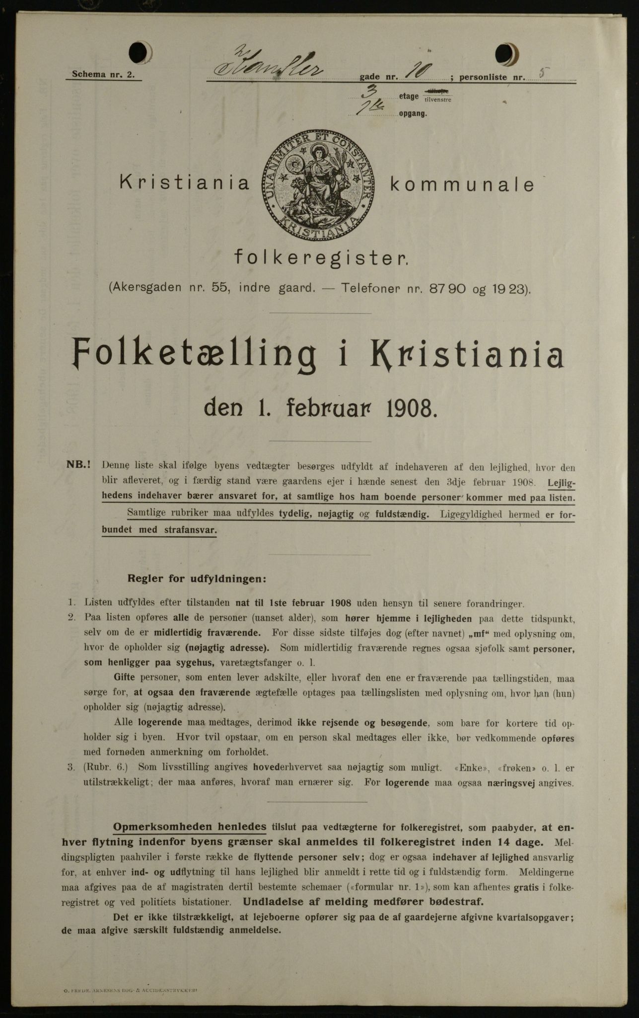 OBA, Municipal Census 1908 for Kristiania, 1908, p. 43108