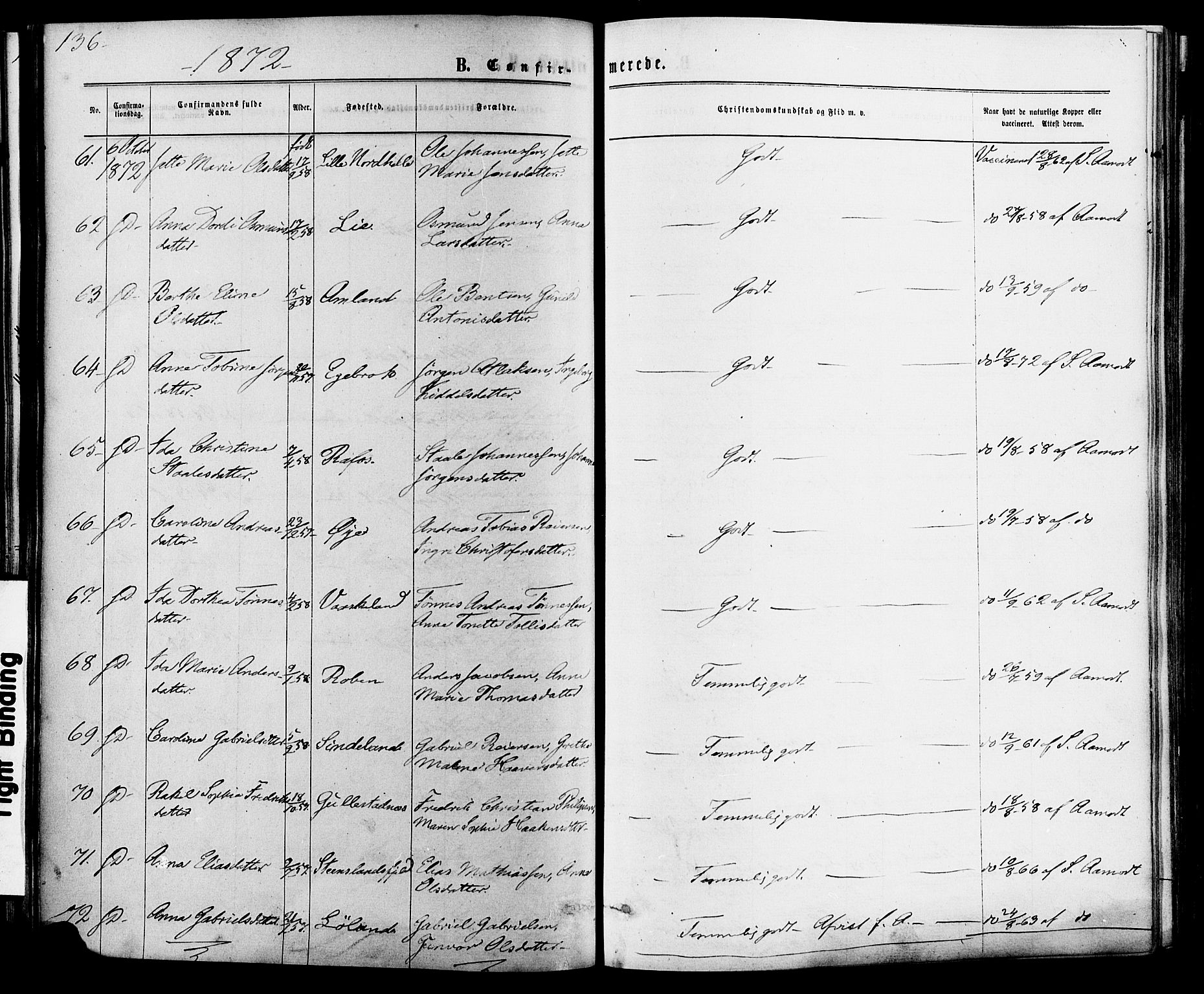 Kvinesdal sokneprestkontor, AV/SAK-1111-0026/F/Fa/Fab/L0007: Parish register (official) no. A 7, 1870-1885, p. 136