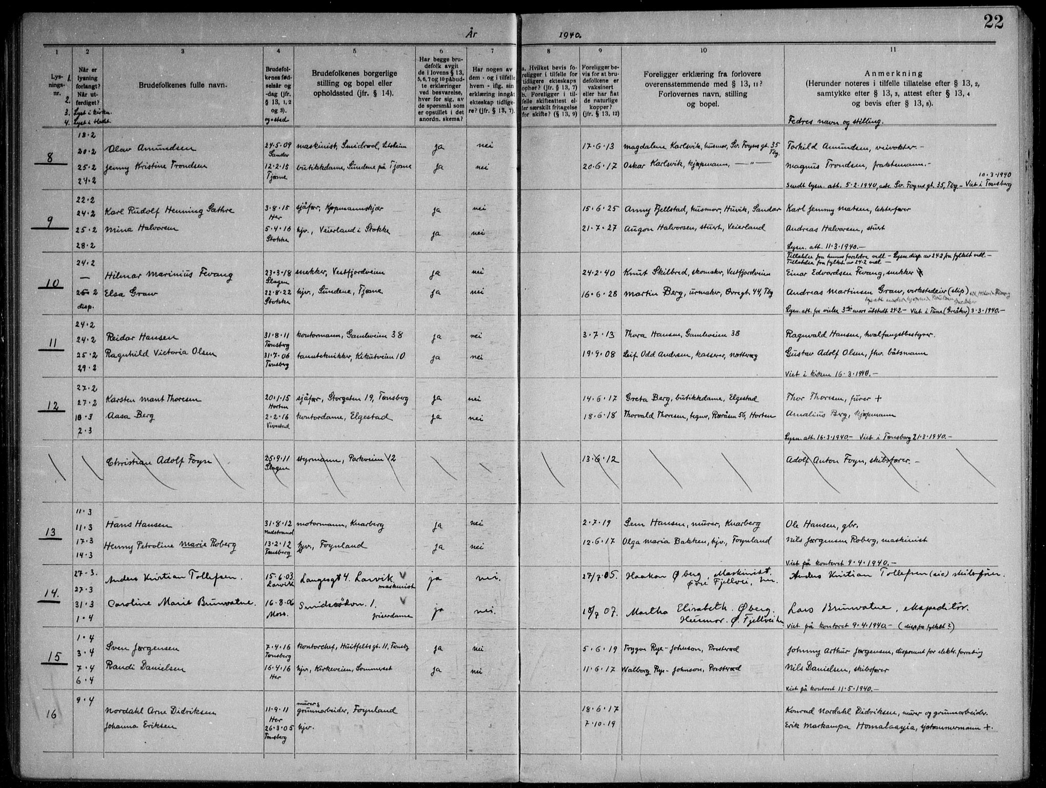 Nøtterøy kirkebøker, AV/SAKO-A-354/H/Ha/L0002: Banns register no. 2, 1937-1952, p. 22