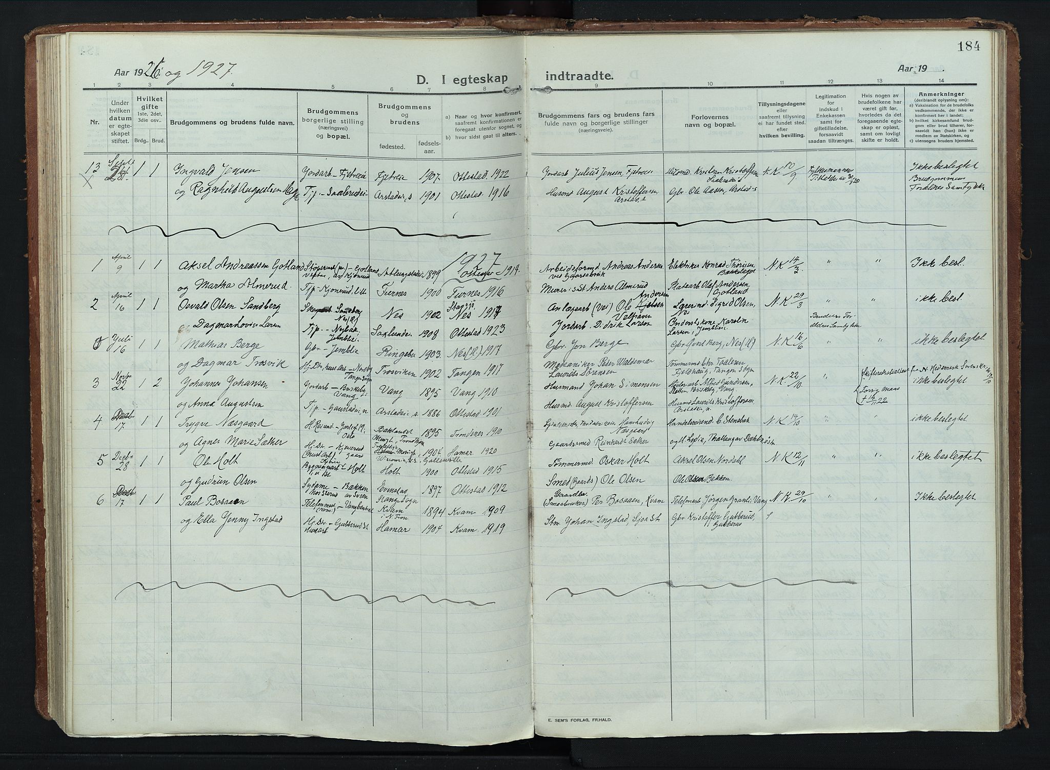 Stange prestekontor, SAH/PREST-002/K/L0028: Parish register (official) no. 28, 1913-1932, p. 184