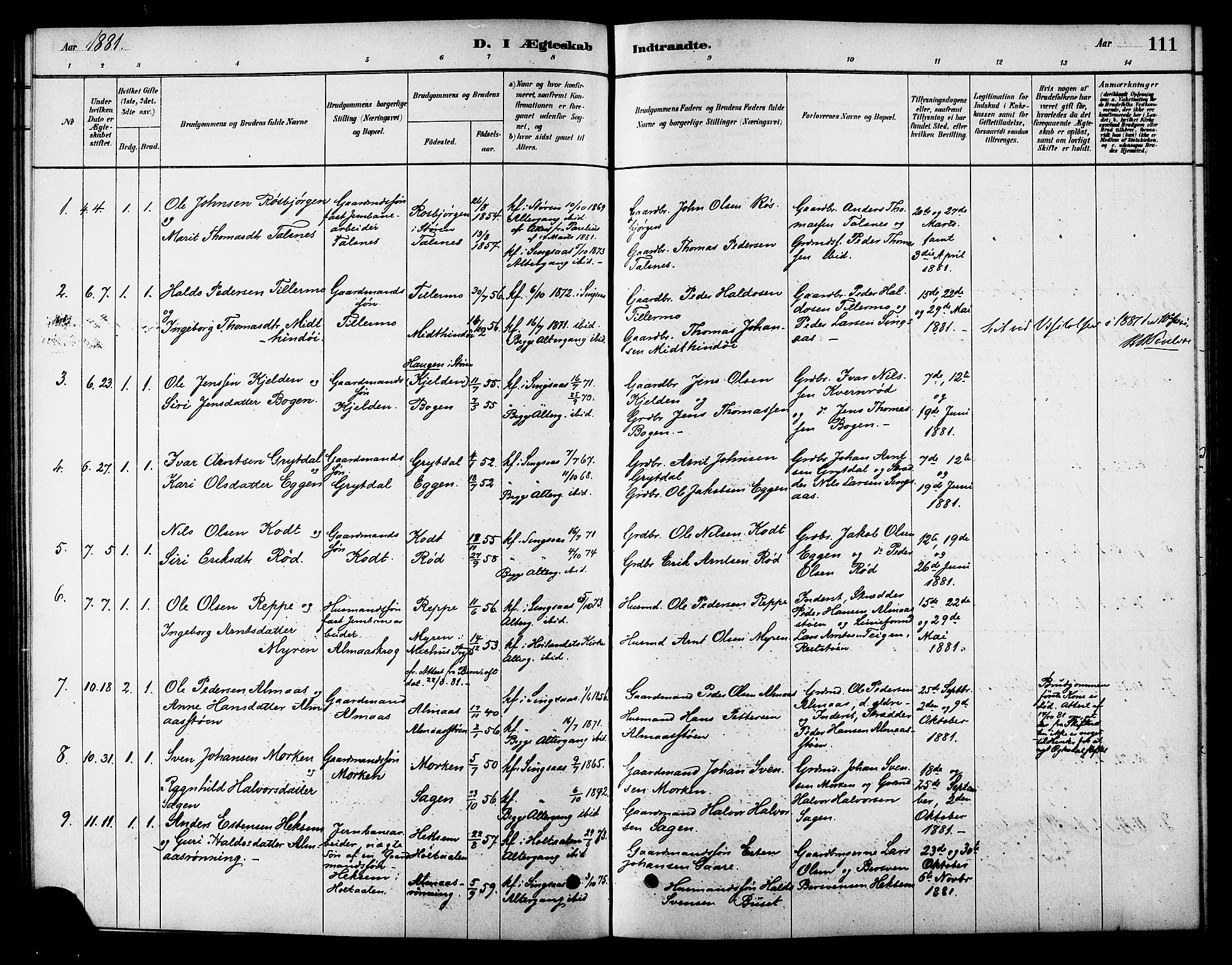 Ministerialprotokoller, klokkerbøker og fødselsregistre - Sør-Trøndelag, AV/SAT-A-1456/688/L1024: Parish register (official) no. 688A01, 1879-1890, p. 111