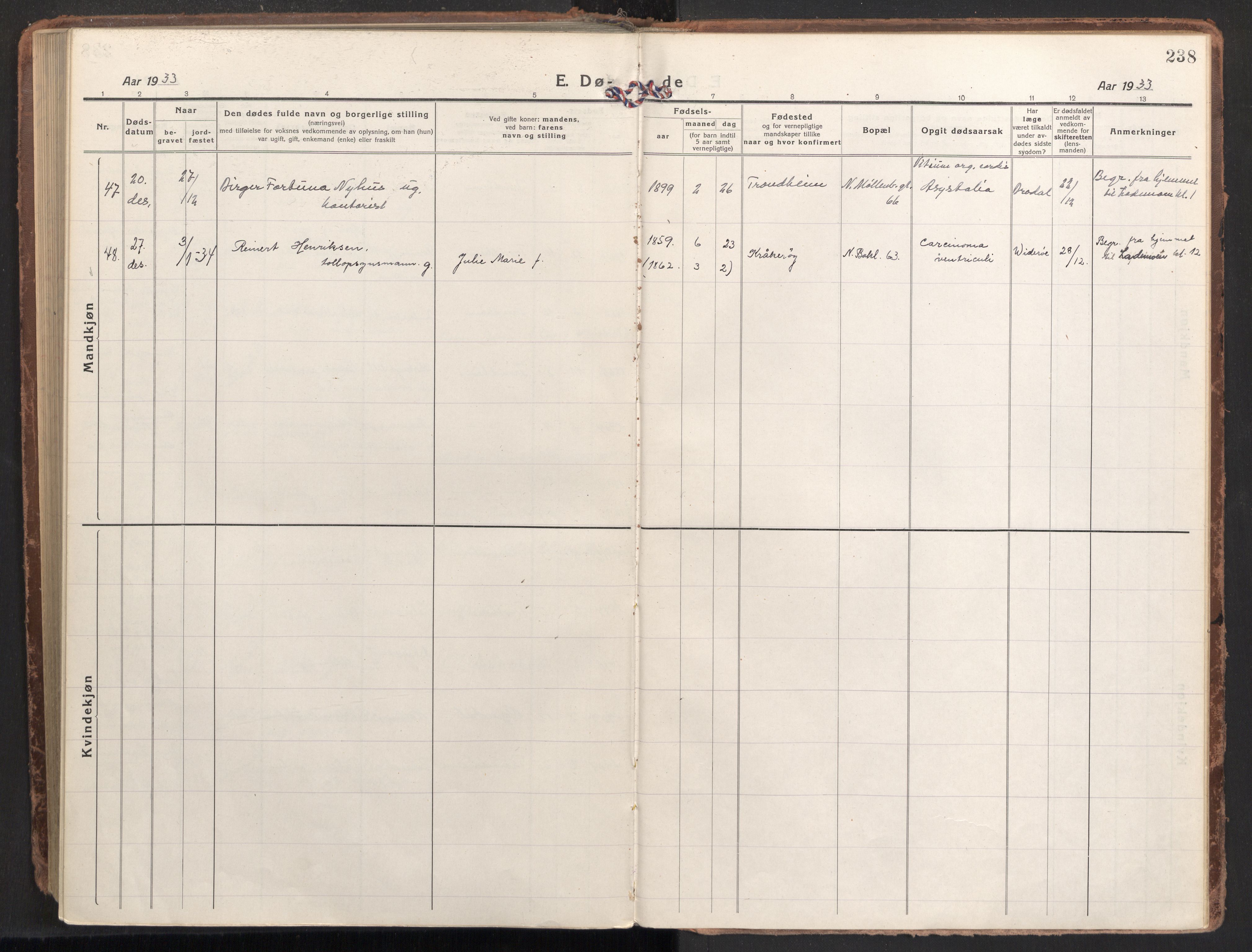 Ministerialprotokoller, klokkerbøker og fødselsregistre - Sør-Trøndelag, SAT/A-1456/604/L0207: Parish register (official) no. 604A27, 1917-1933, p. 238