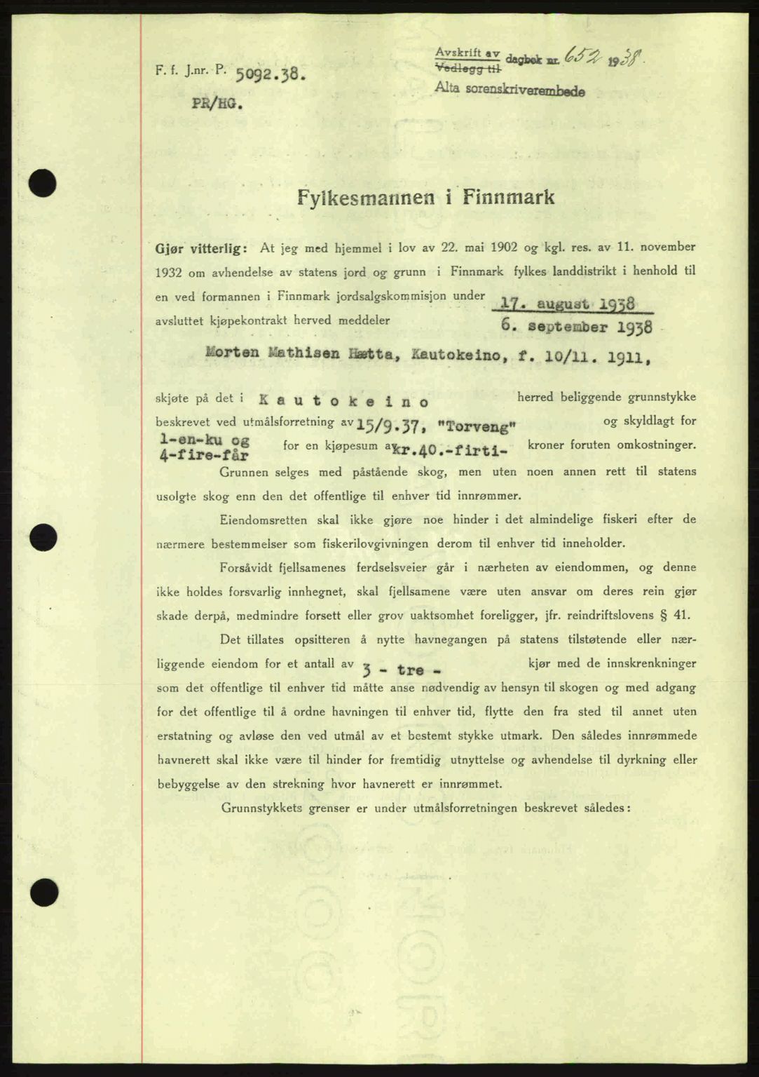 Alta fogderi/sorenskriveri, SATØ/SATØ-5/1/K/Kd/L0031pantebok: Mortgage book no. 31, 1938-1939, Diary no: : 652/1938