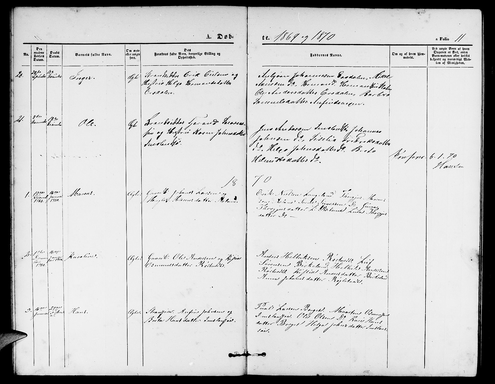 Vikedal sokneprestkontor, AV/SAST-A-101840/01/V: Parish register (copy) no. B 4, 1868-1890, p. 11