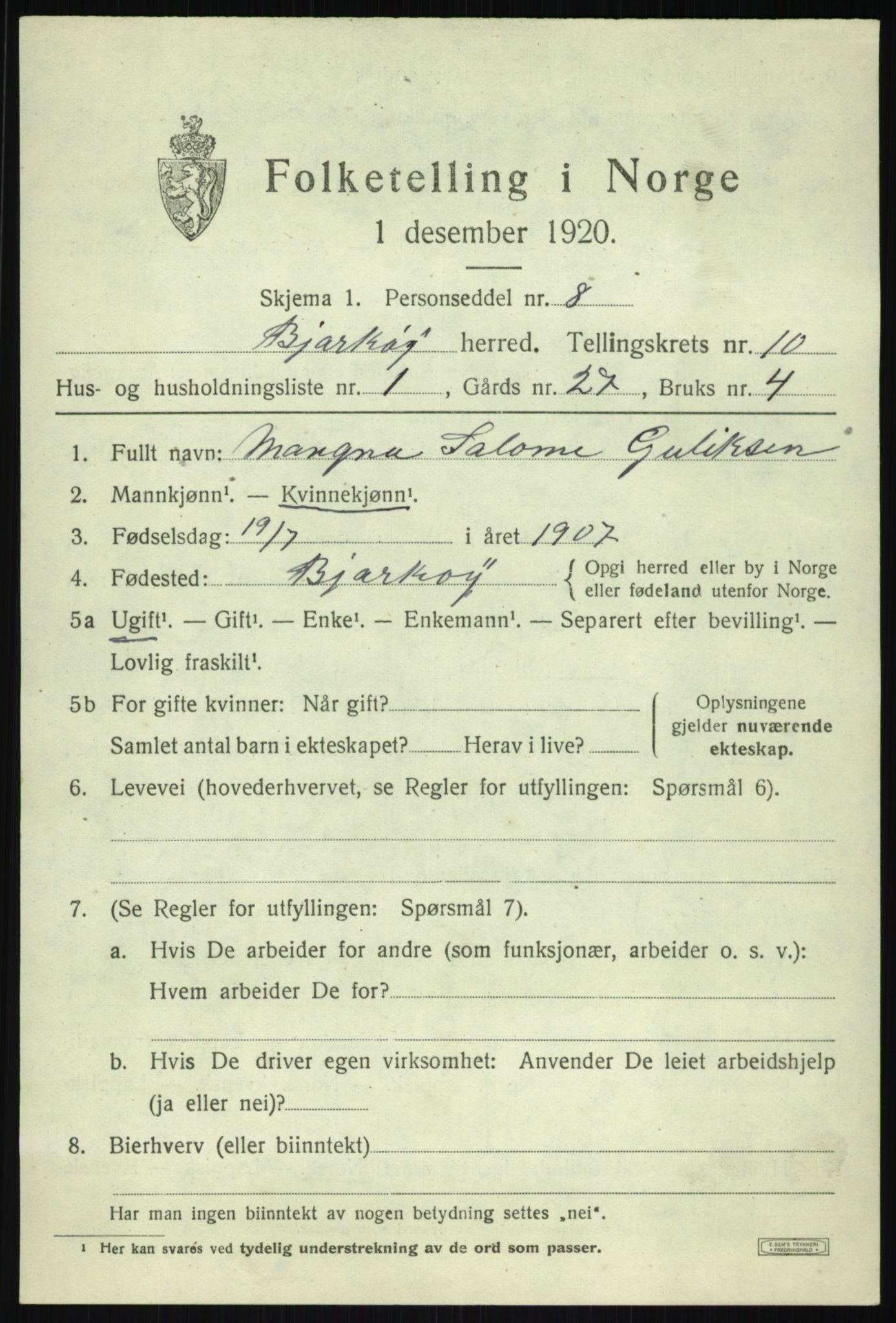 SATØ, 1920 census for Bjarkøy, 1920, p. 4007