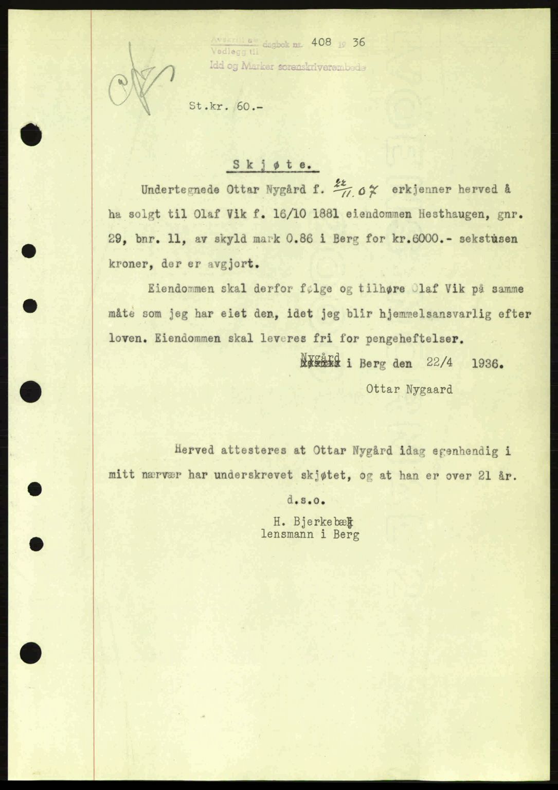 Idd og Marker sorenskriveri, AV/SAO-A-10283/G/Gb/Gbb/L0001: Mortgage book no. A1, 1936-1937, Diary no: : 408/1936
