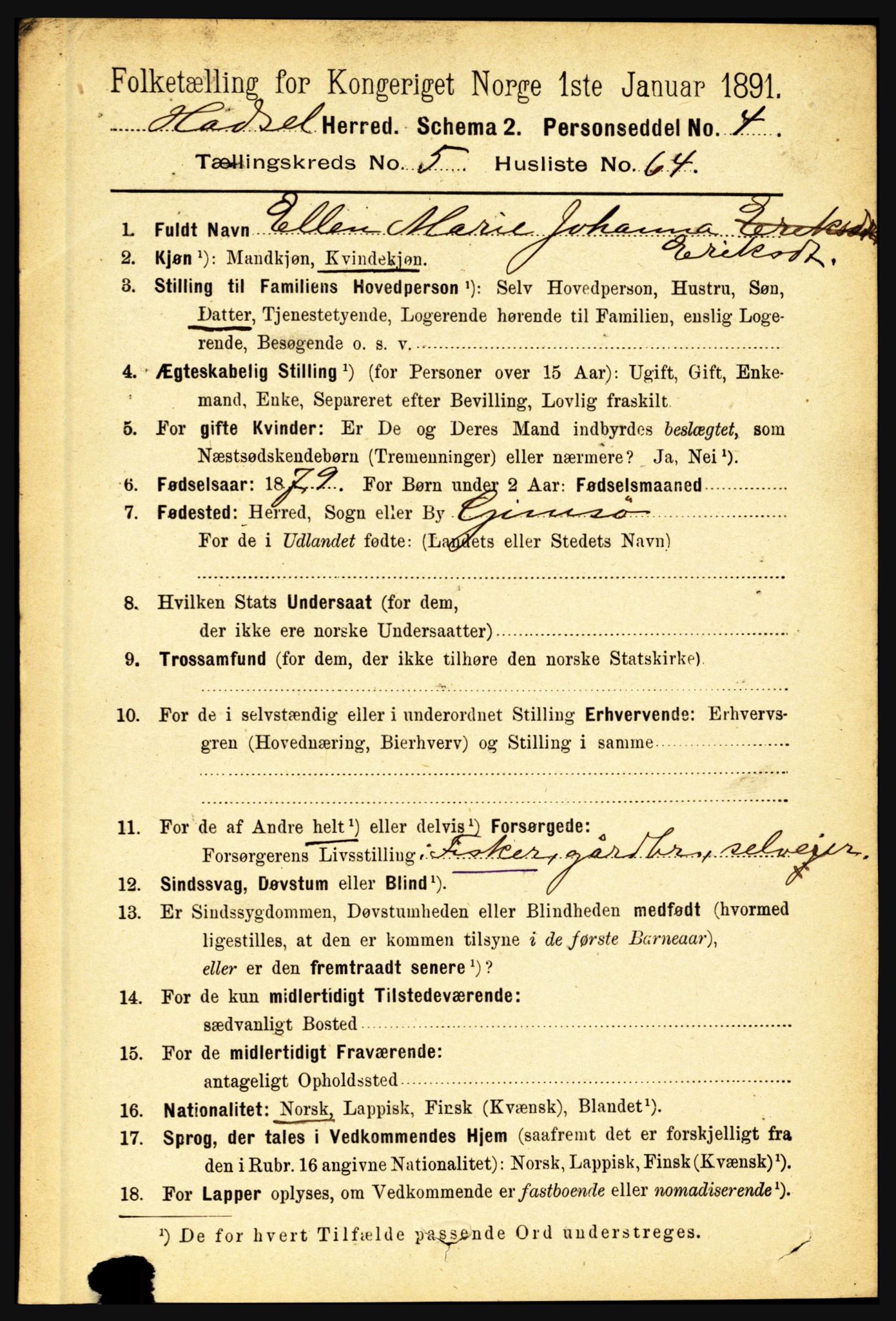 RA, 1891 census for 1866 Hadsel, 1891, p. 2566