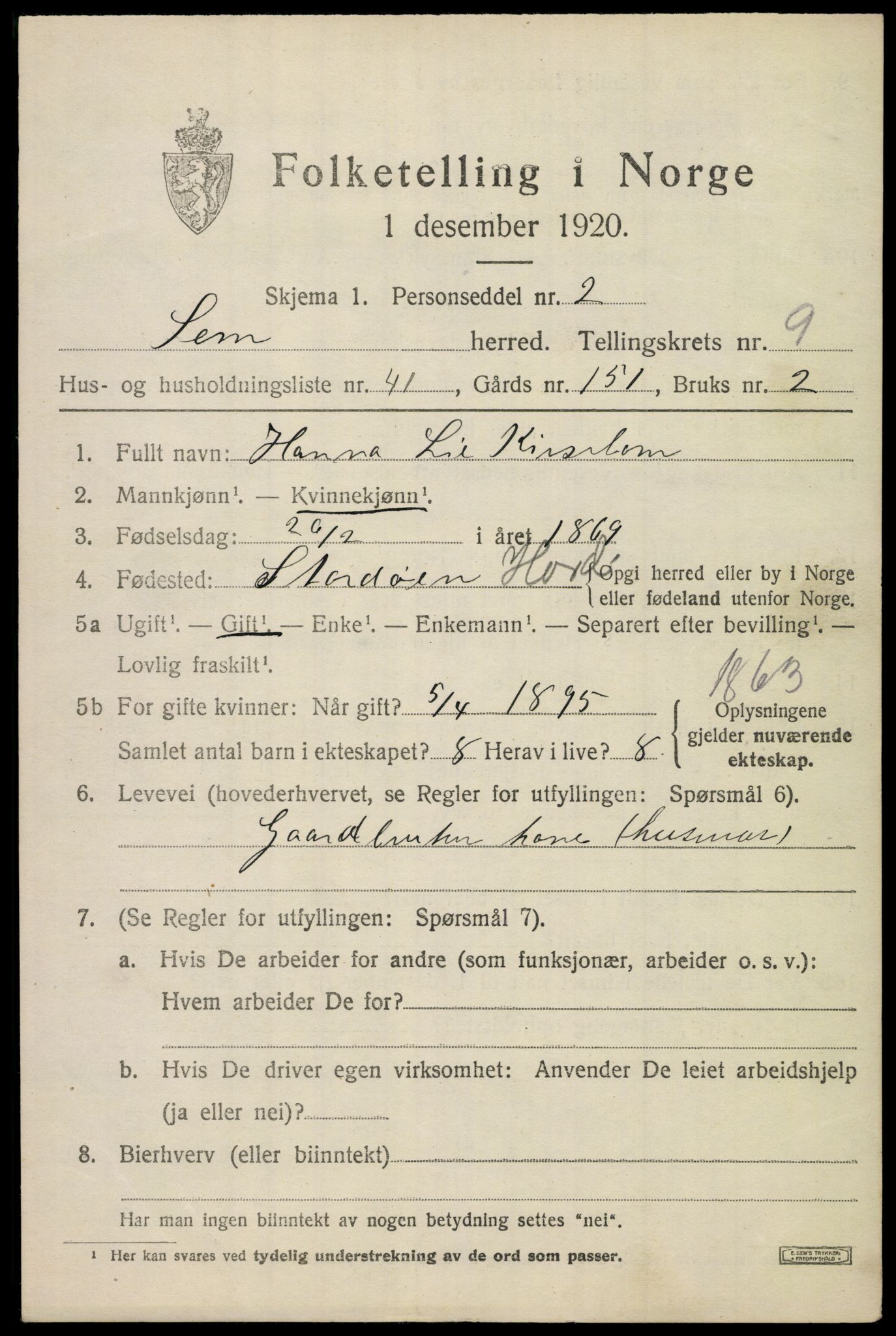 SAKO, 1920 census for Sem, 1920, p. 12975