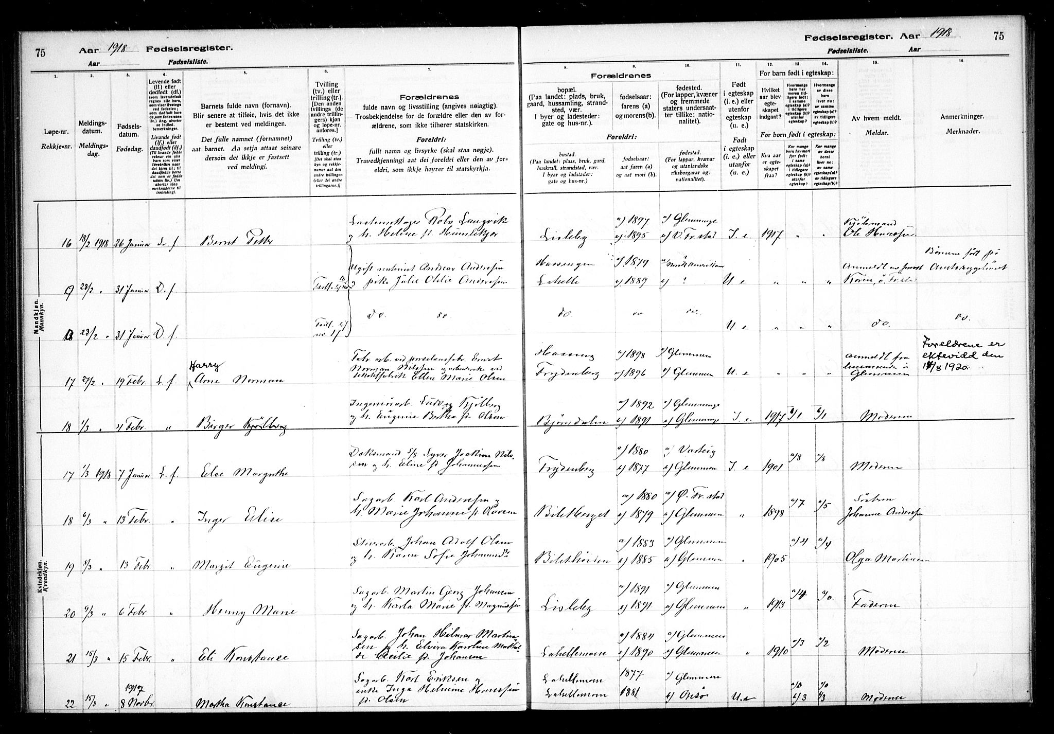 Glemmen prestekontor Kirkebøker, AV/SAO-A-10908/J/Ja/L0001: Birth register no. I 1, 1916-1922, p. 75