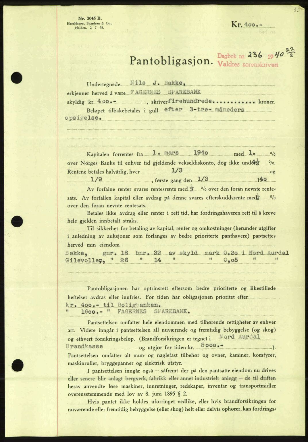 Valdres sorenskriveri, AV/SAH-TING-016/H/Hb/Hbc/L0009: Mortgage book no. B9, 1940-1940, Diary no: : 236/1940