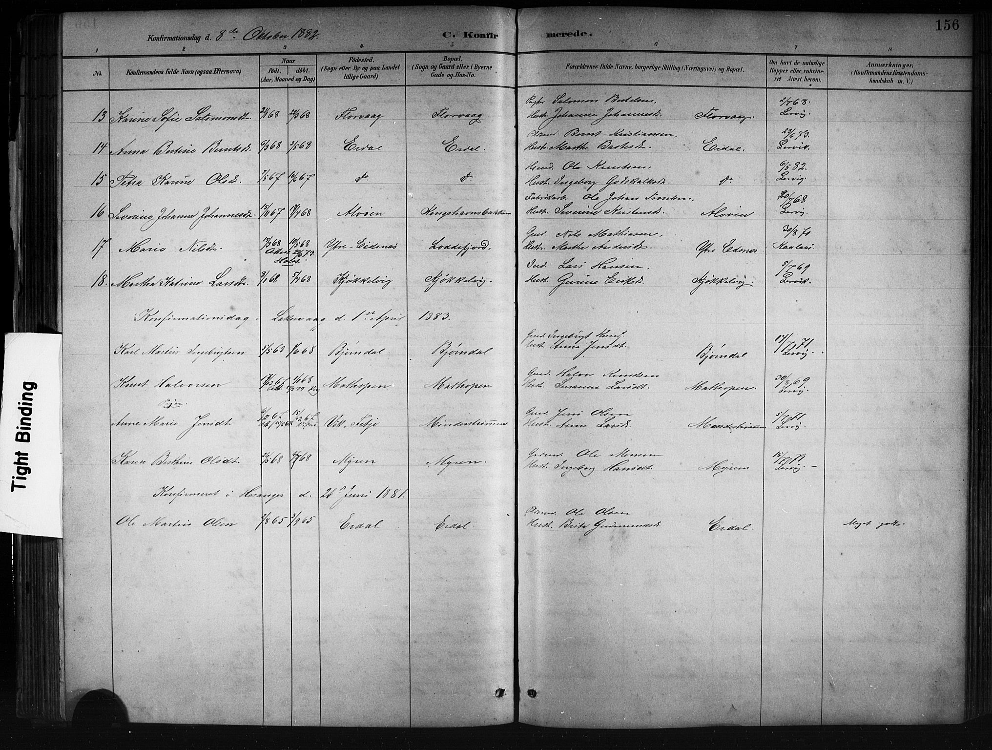 Askøy Sokneprestembete, SAB/A-74101/H/Ha/Hab/Haba/L0008: Parish register (copy) no. A 8, 1882-1893, p. 156