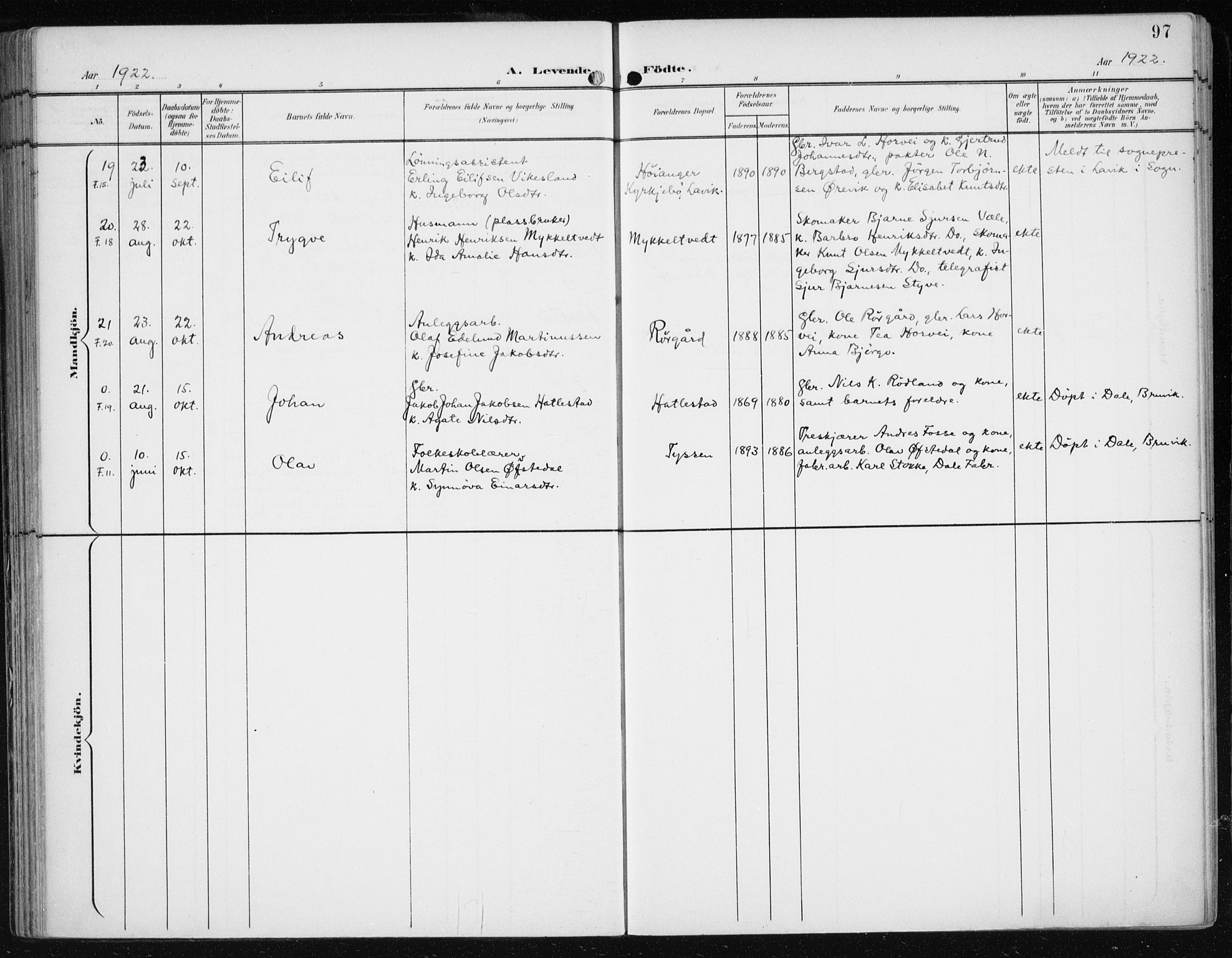 Evanger sokneprestembete, AV/SAB-A-99924: Parish register (official) no. A  3, 1900-1930, p. 97