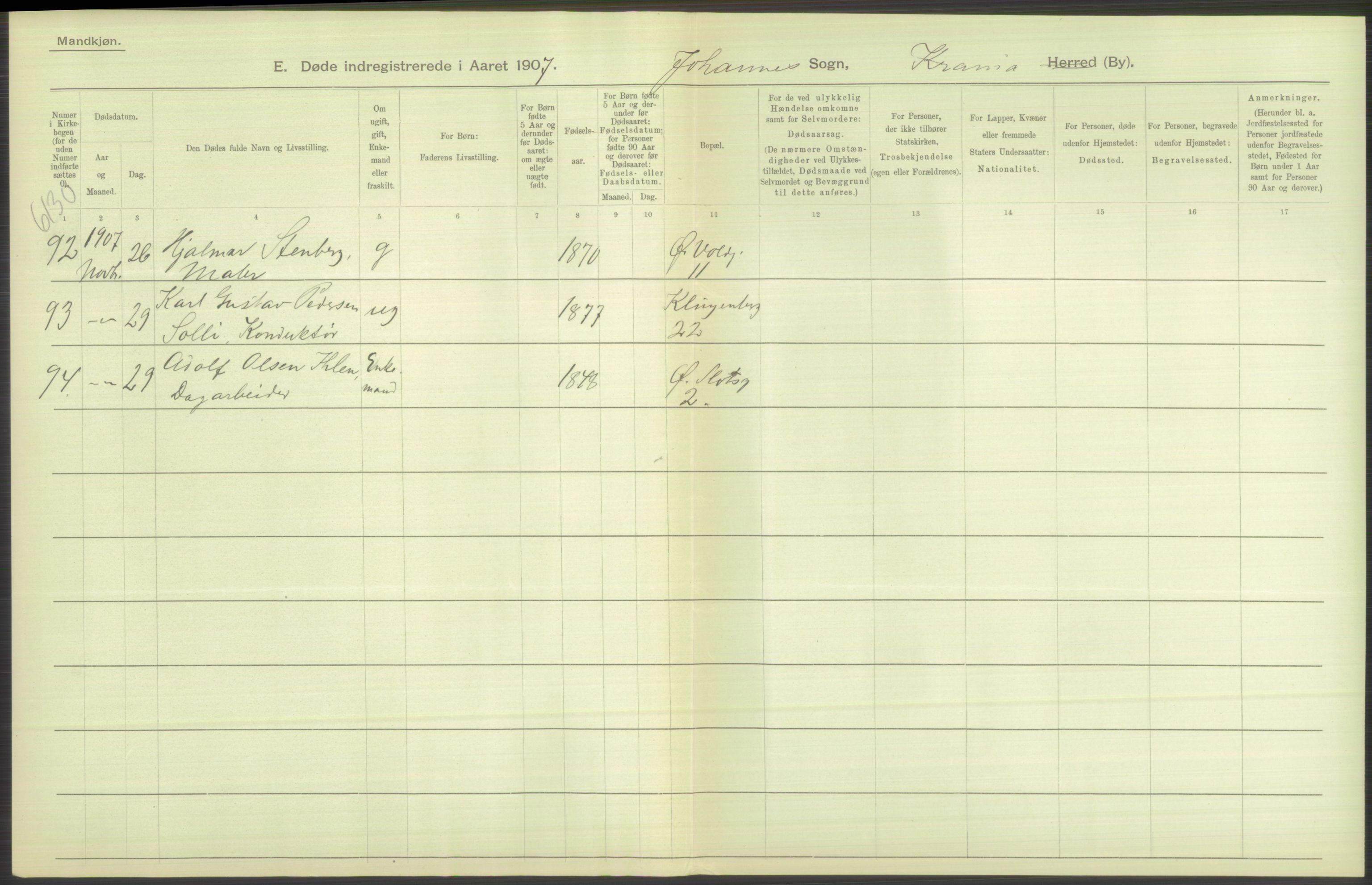 Statistisk sentralbyrå, Sosiodemografiske emner, Befolkning, AV/RA-S-2228/D/Df/Dfa/Dfae/L0010: Kristiania: Døde, dødfødte, 1907, p. 434