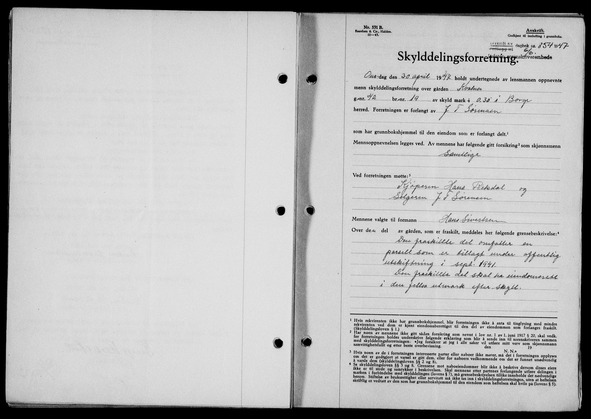 Lofoten sorenskriveri, SAT/A-0017/1/2/2C/L0016a: Mortgage book no. 16a, 1947-1947, Diary no: : 854/1947