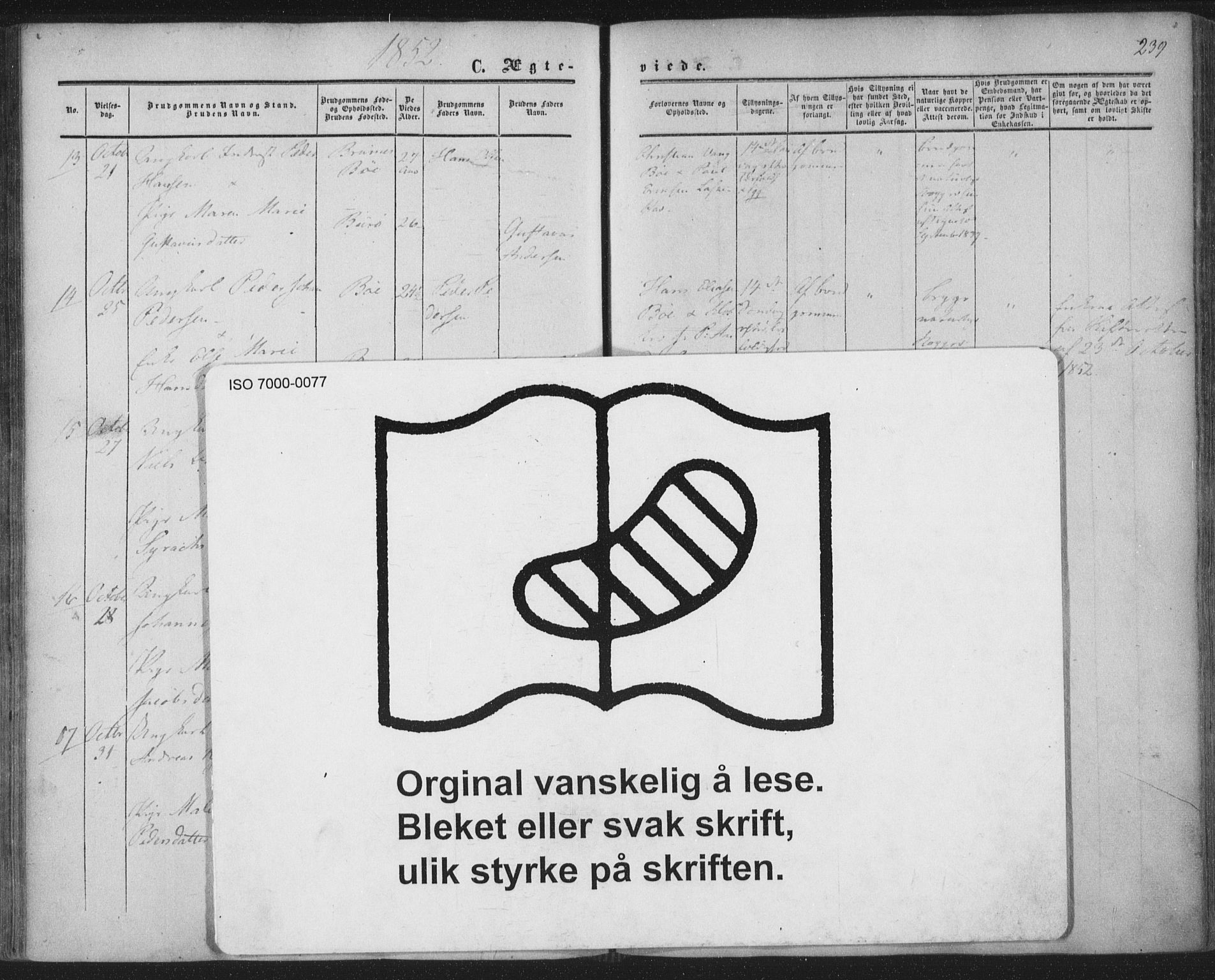 Ministerialprotokoller, klokkerbøker og fødselsregistre - Nordland, AV/SAT-A-1459/855/L0800: Parish register (official) no. 855A08, 1852-1864, p. 239