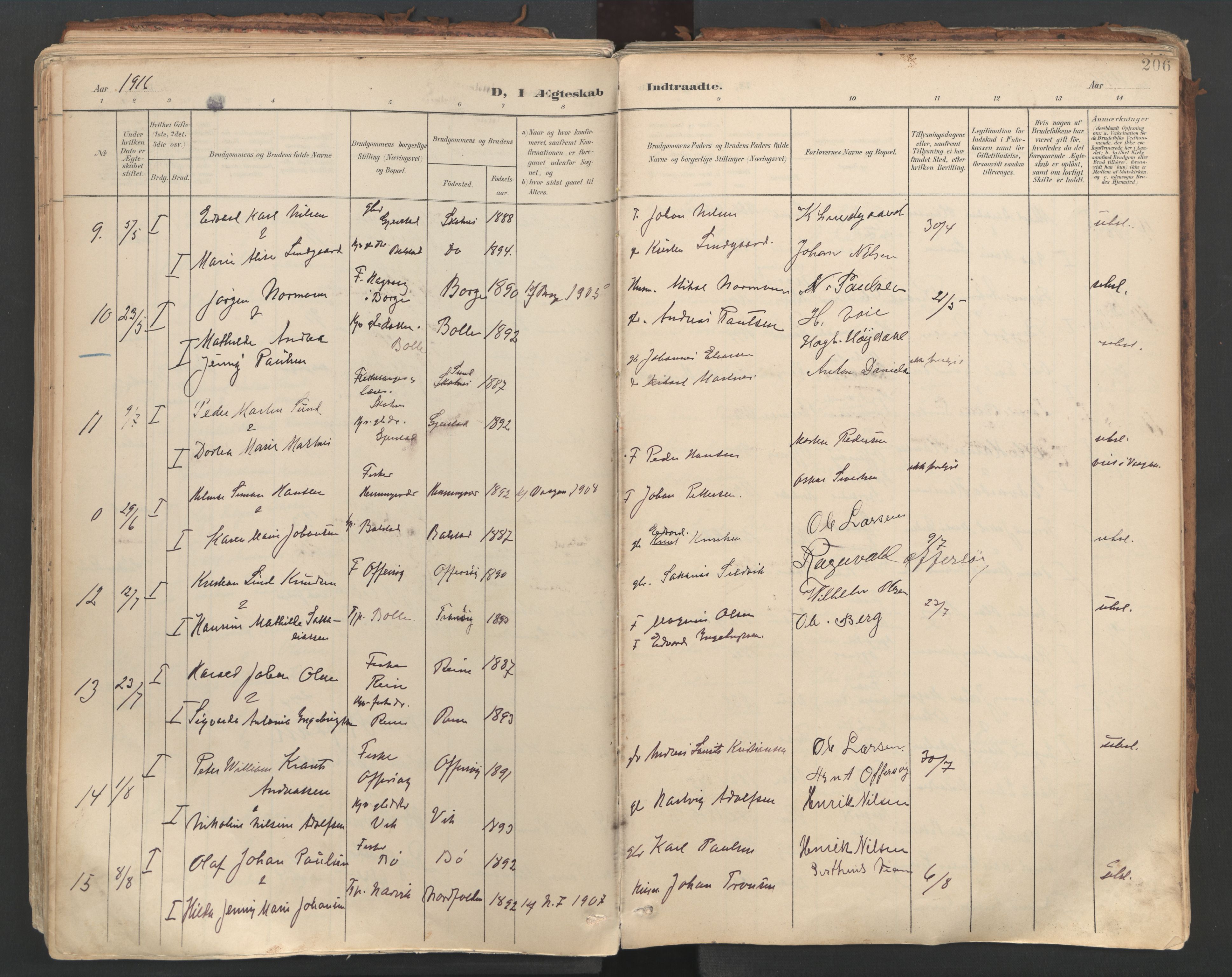 Ministerialprotokoller, klokkerbøker og fødselsregistre - Nordland, AV/SAT-A-1459/881/L1154: Parish register (official) no. 881A07, 1907-1918, p. 206