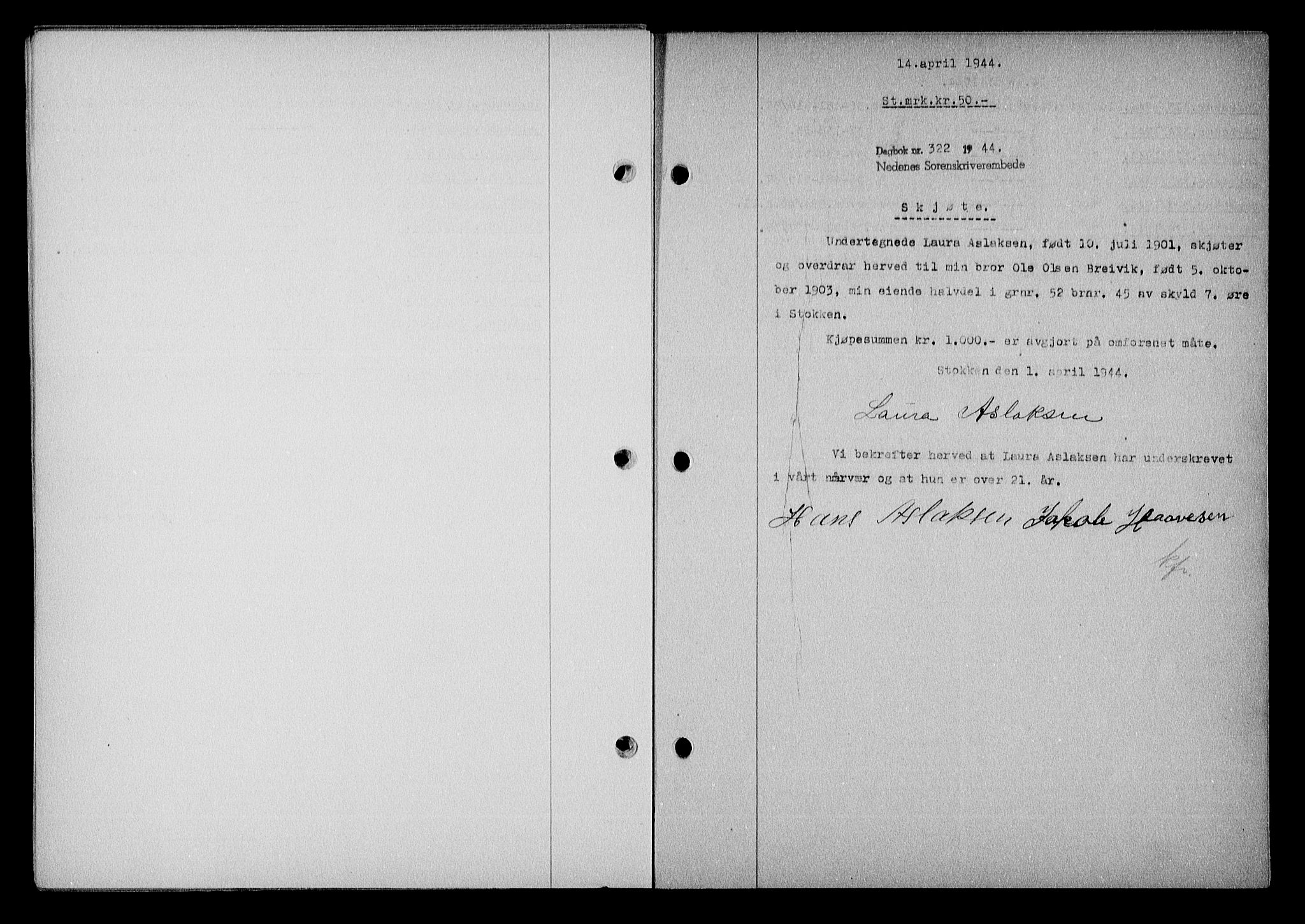 Nedenes sorenskriveri, SAK/1221-0006/G/Gb/Gba/L0051: Mortgage book no. A-V, 1943-1944, Diary no: : 322/1944