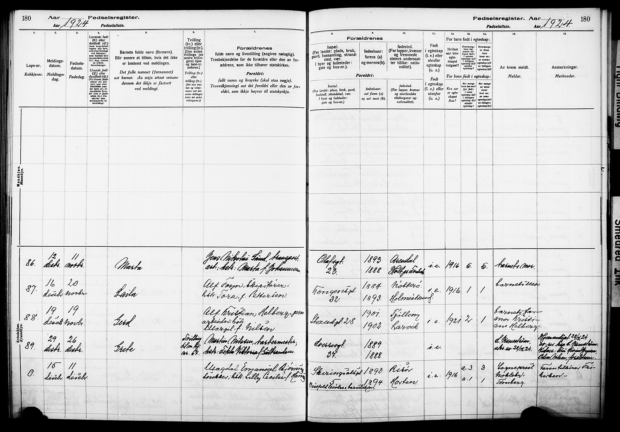 Larvik kirkebøker, AV/SAKO-A-352/J/Ja/L0001: Birth register no. I 1, 1916-1926, p. 180