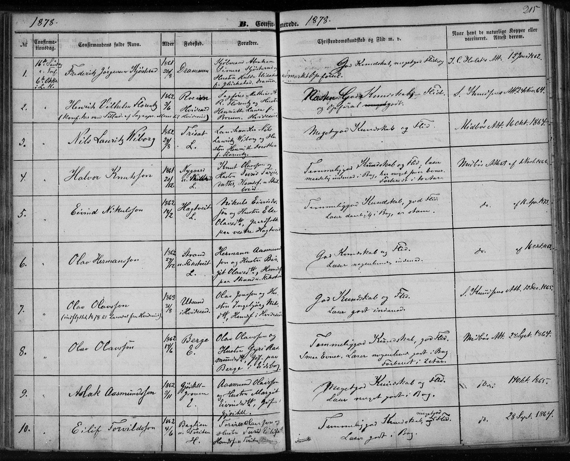 Lårdal kirkebøker, SAKO/A-284/F/Fa/L0006: Parish register (official) no. I 6, 1861-1886, p. 215