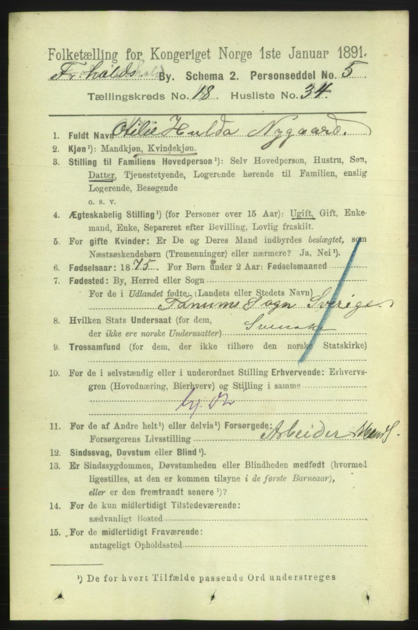 RA, 1891 census for 0101 Fredrikshald, 1891, p. 11847