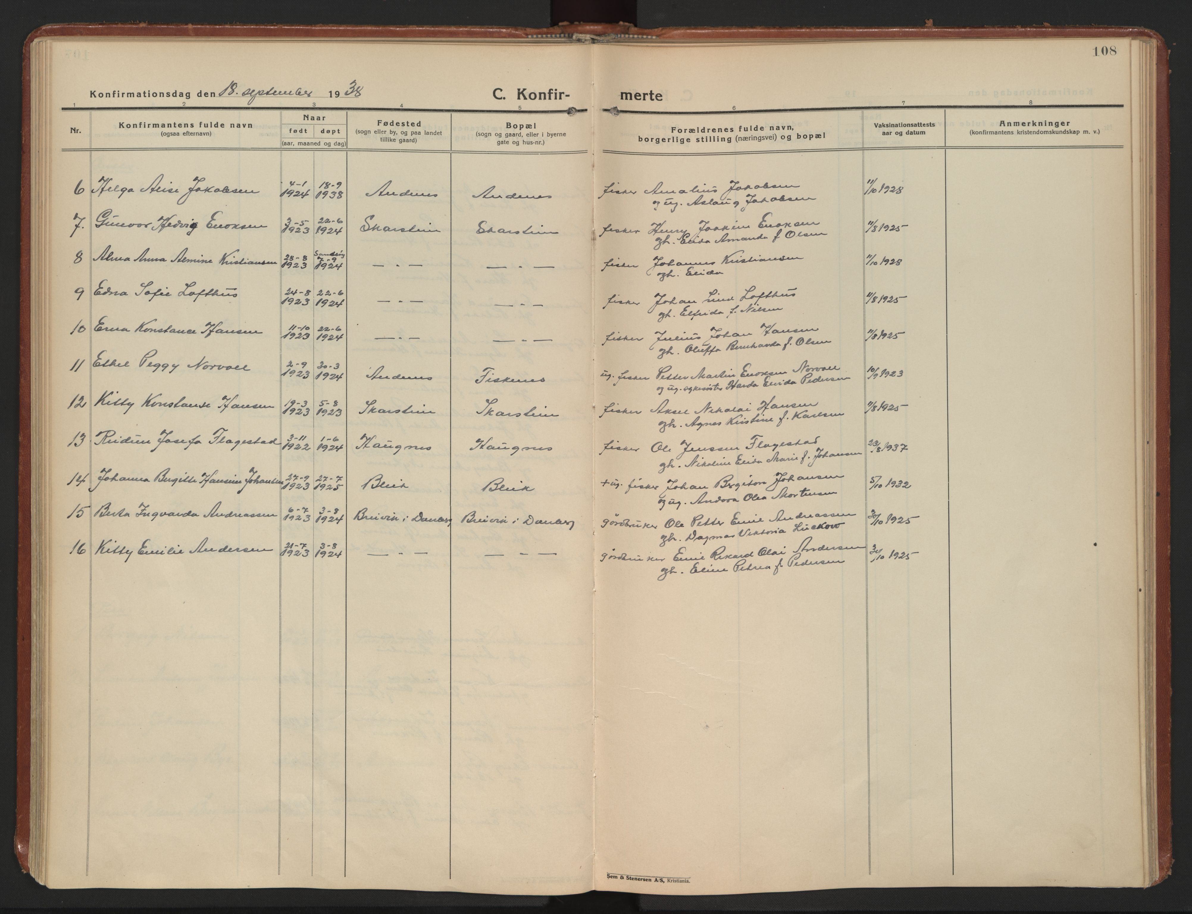 Ministerialprotokoller, klokkerbøker og fødselsregistre - Nordland, AV/SAT-A-1459/899/L1441: Parish register (official) no. 899A09, 1923-1939, p. 108