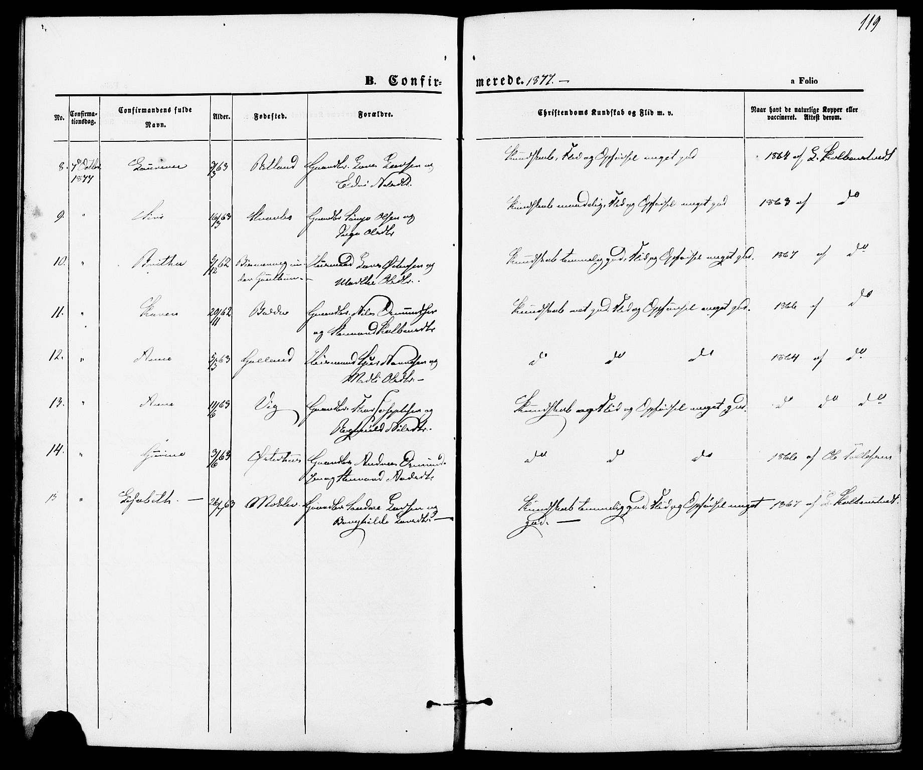 Suldal sokneprestkontor, AV/SAST-A-101845/01/IV/L0010: Parish register (official) no. A 10, 1869-1878, p. 119