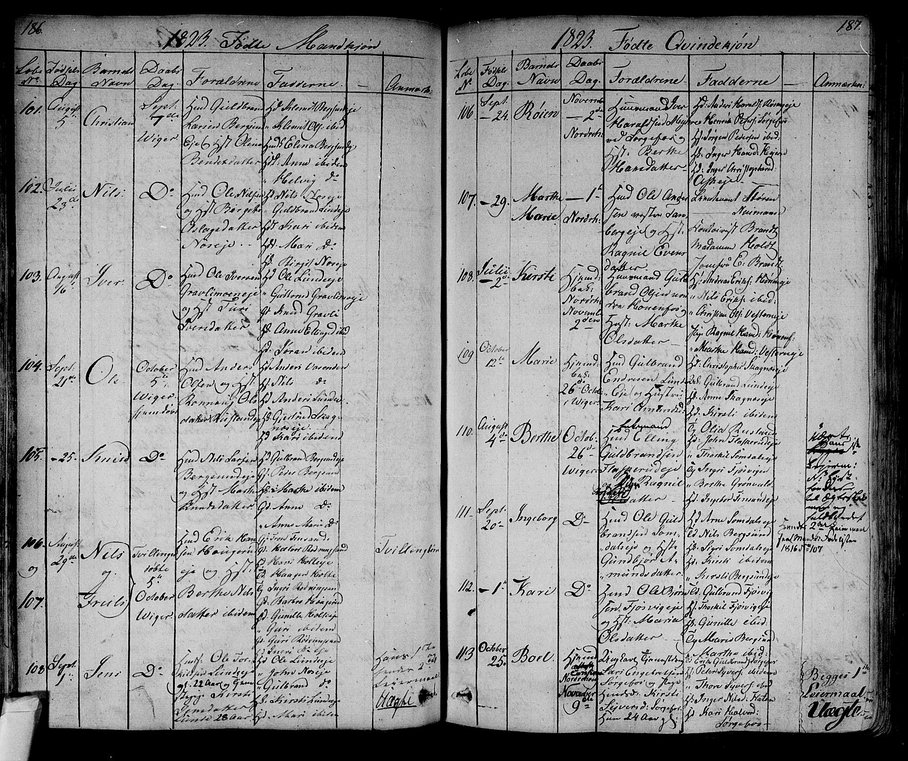 Norderhov kirkebøker, AV/SAKO-A-237/F/Fa/L0009: Parish register (official) no. 9, 1819-1837, p. 186-187