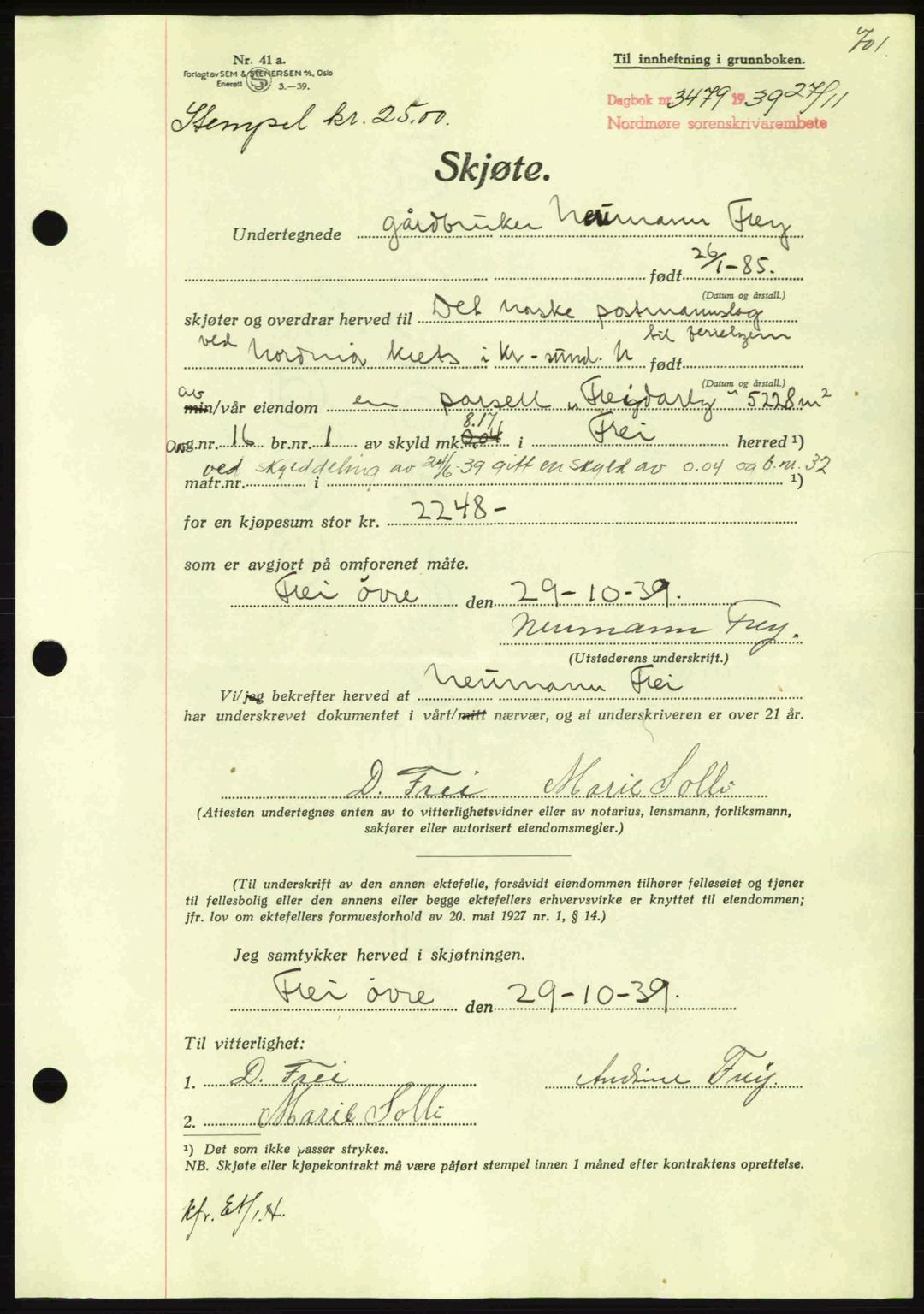 Nordmøre sorenskriveri, AV/SAT-A-4132/1/2/2Ca: Mortgage book no. A87, 1939-1940, Diary no: : 3479/1939