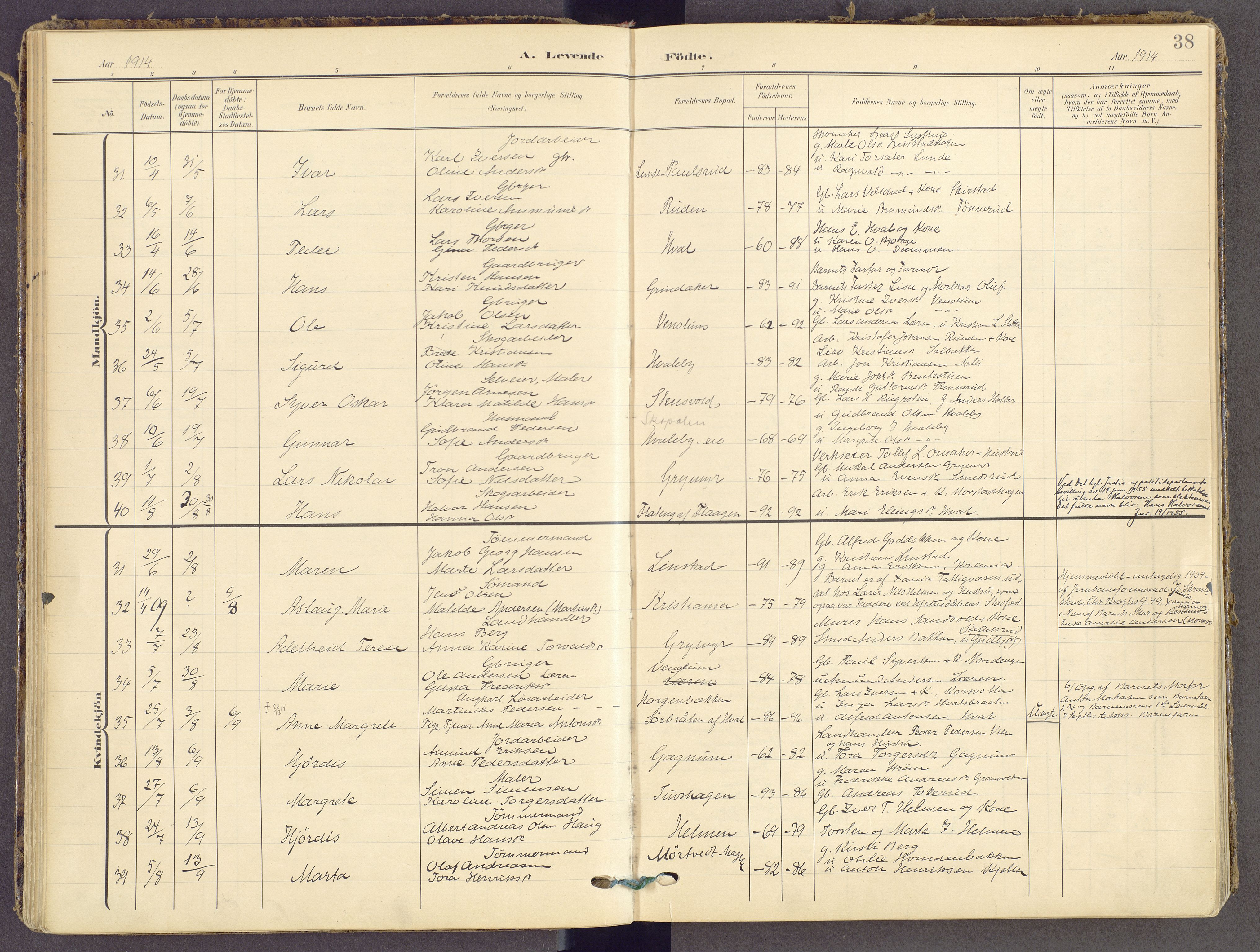 Gran prestekontor, SAH/PREST-112/H/Ha/Haa/L0021: Parish register (official) no. 21, 1908-1932, p. 38